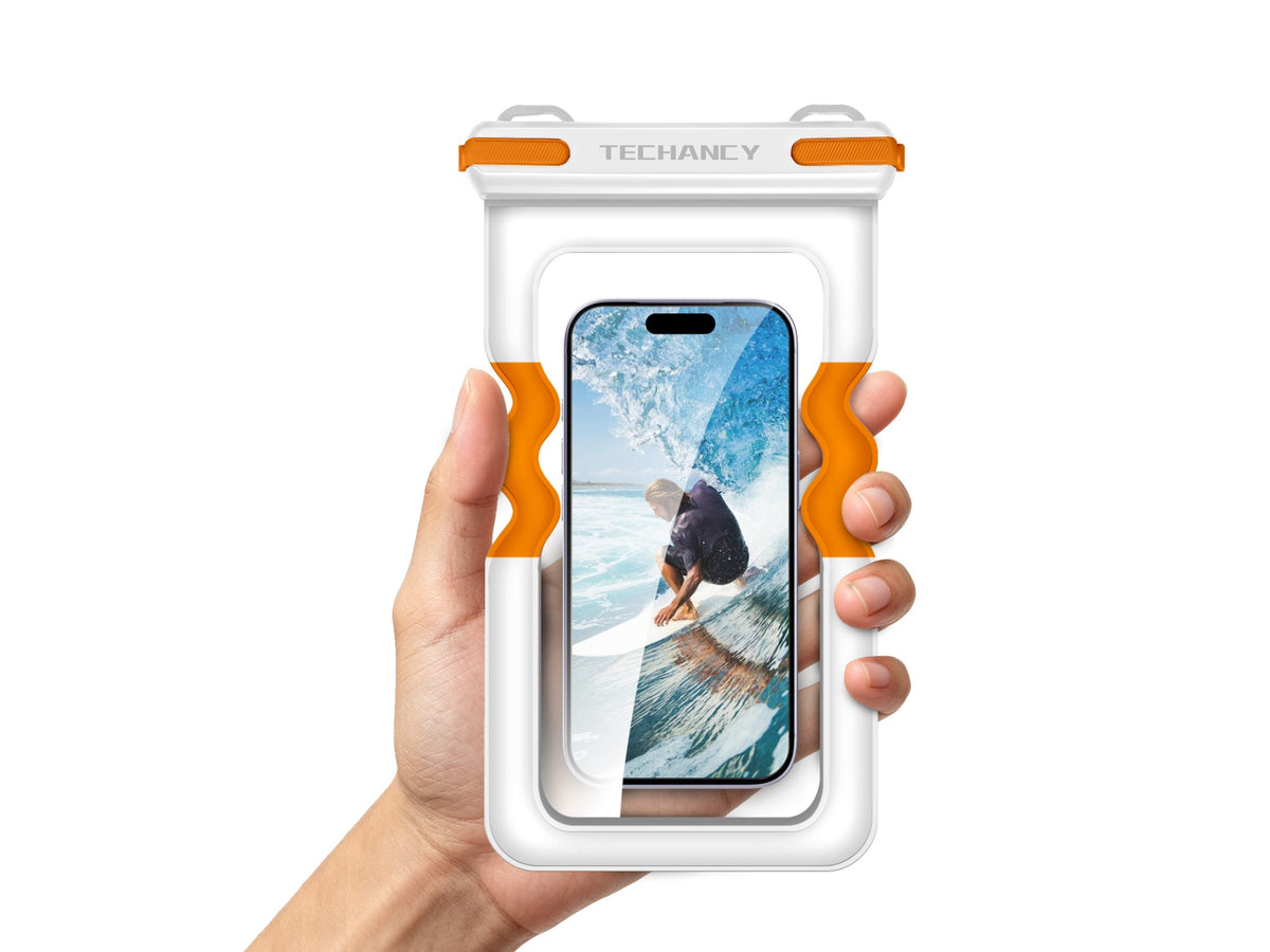 Bolsa Impermeavel Insuflavel para Telemovel Techancy TU7454, 7 Polegadas, IPX8, Ate 30m, Flutuante, Ecra Tatil, Branco e Laranja