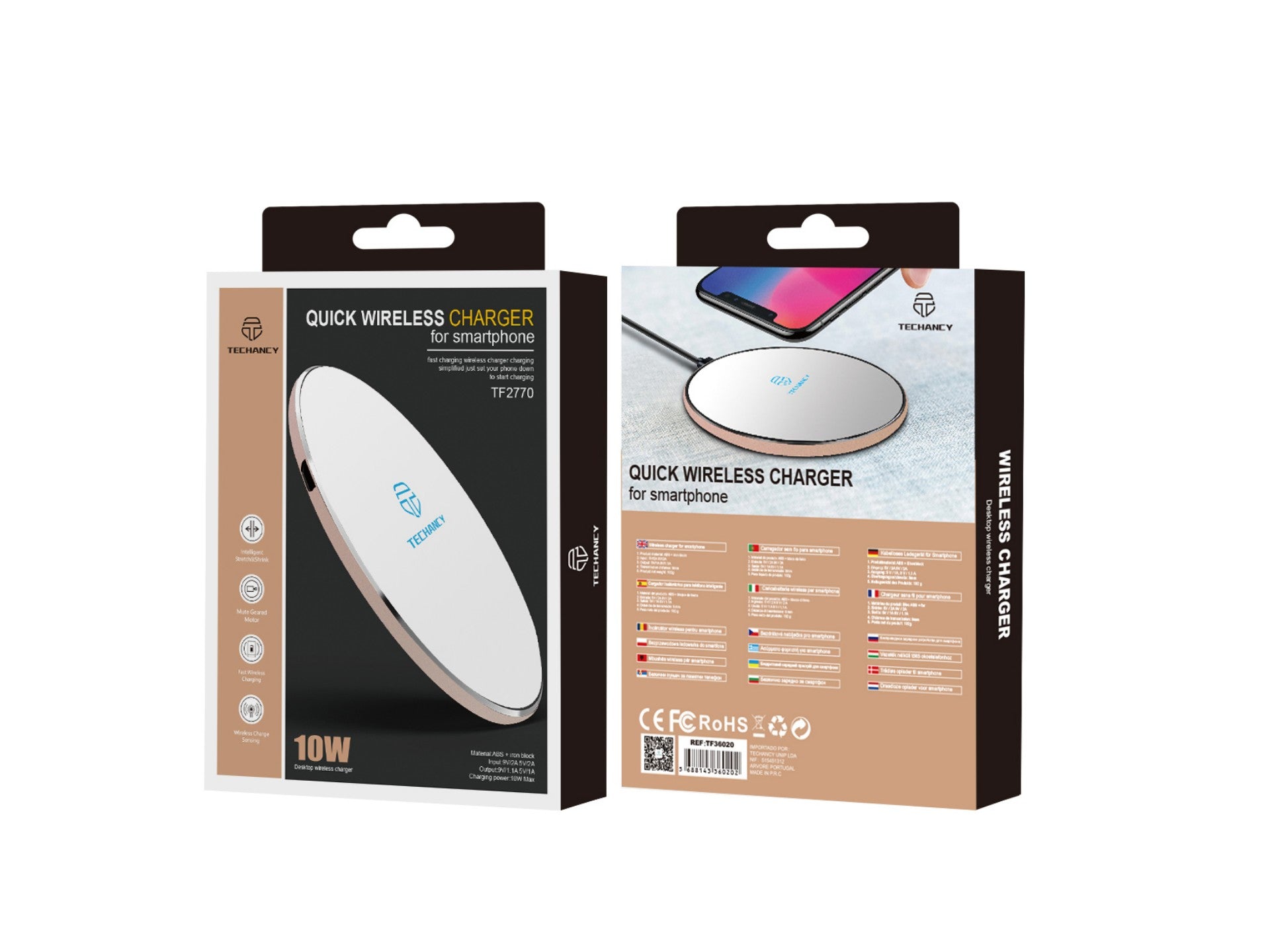 Carregador sem fios Techancy 10 W para telemóveis, TF2770, compatível com telemóveis Android e Apple, branco