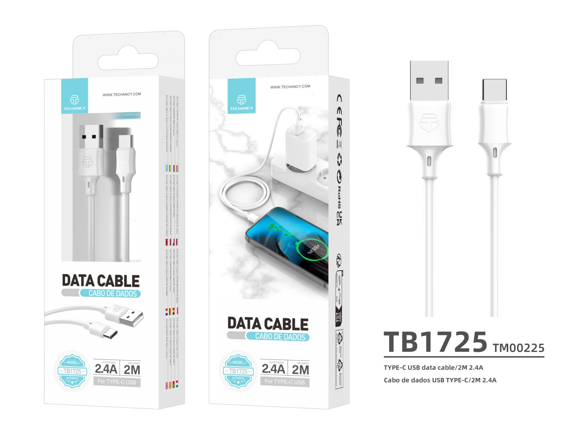 Cable de datos USB tipo C Techancy blanco TB1725, 2 m de largo, carga de 2,4 A, compatible con teléfonos móviles tipo C