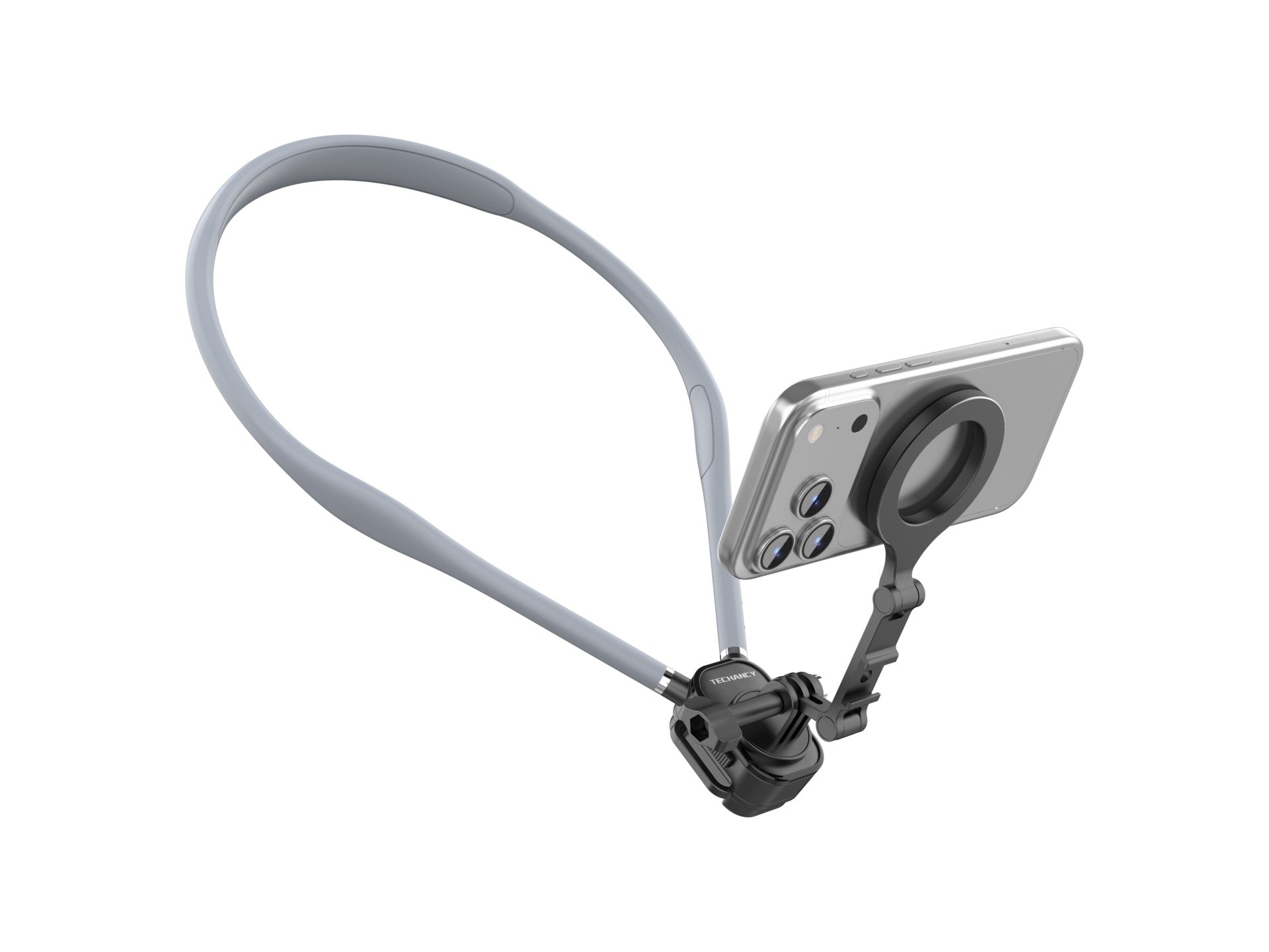 Soporte magnético para el cuello Techancy TI2347 para teléfono móvil y cámara, brazo flexible de 70 cm, manos libres, gris.
