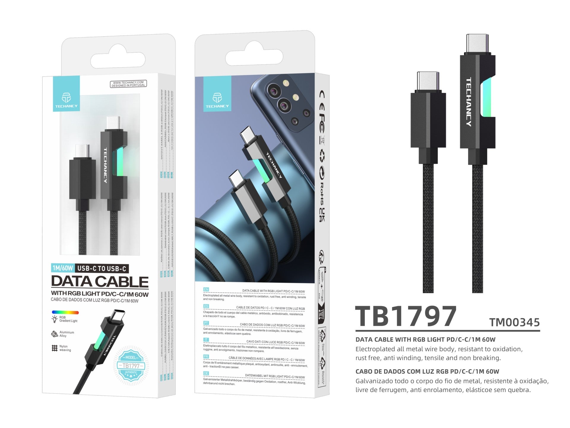 Techancy Cabo De Dados Usb-C Para Usb-C TB1797, 1m/60w Com Luz Rgb, Cabo Entrançado De Alumínio, Preto