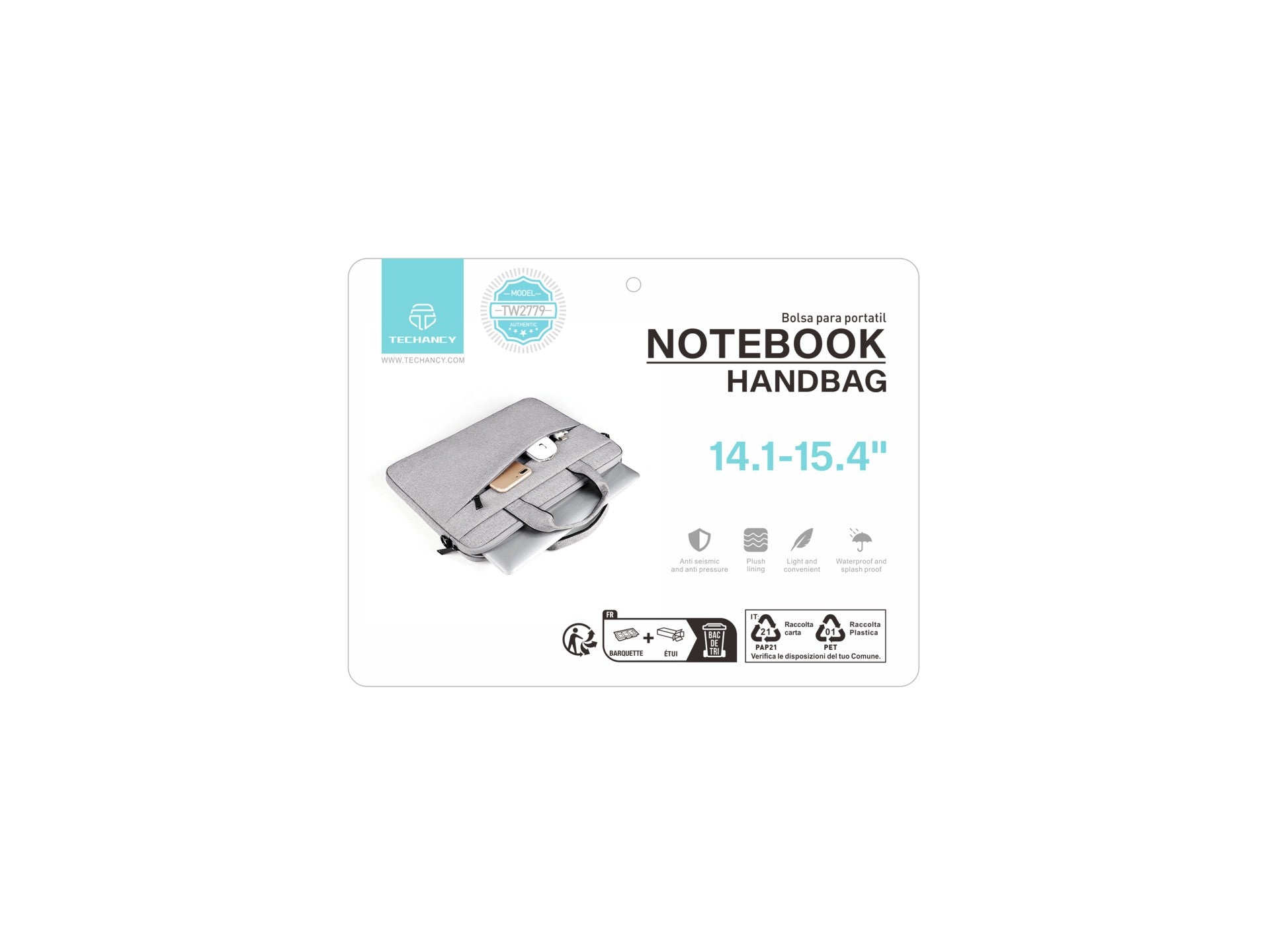 Bolsa para portátil Techancy TW2779, gris, 14,1/15,4 pulgadas, correa ajustable