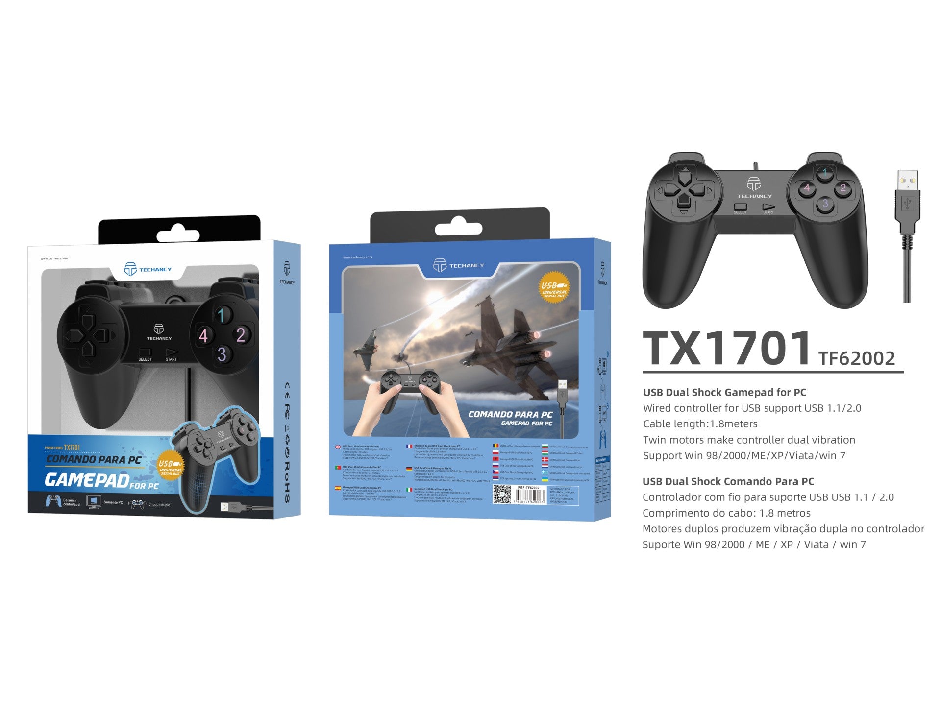 Techancy TX1701 Wired PC Gaming Controller with Vibration Feedback, Black