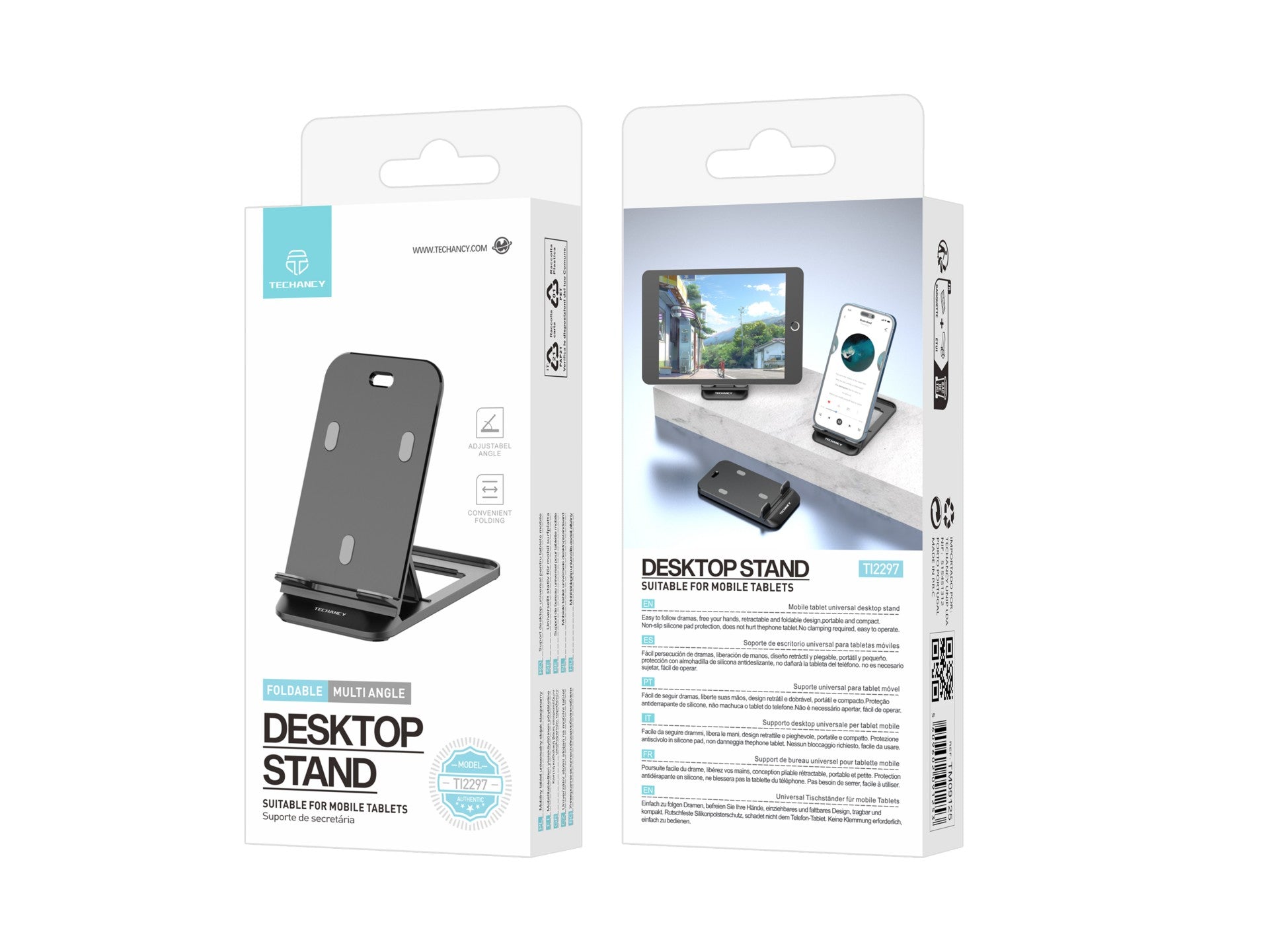 Soporte para teléfono de escritorio Techancy Ti2297, color negro, diseño plegable para dispositivos móviles, tabletas y celulares.