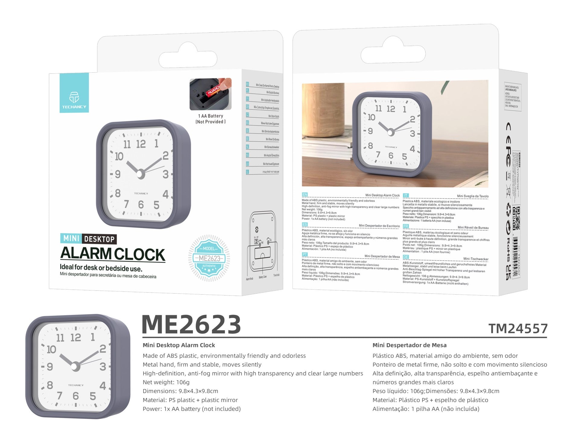 Techancy Mini ME2623 Silent Desk Alarm Clock, Large Numbers, HD Mirror, ABS Body, Portable for Bedroom and Office, Gray Color
