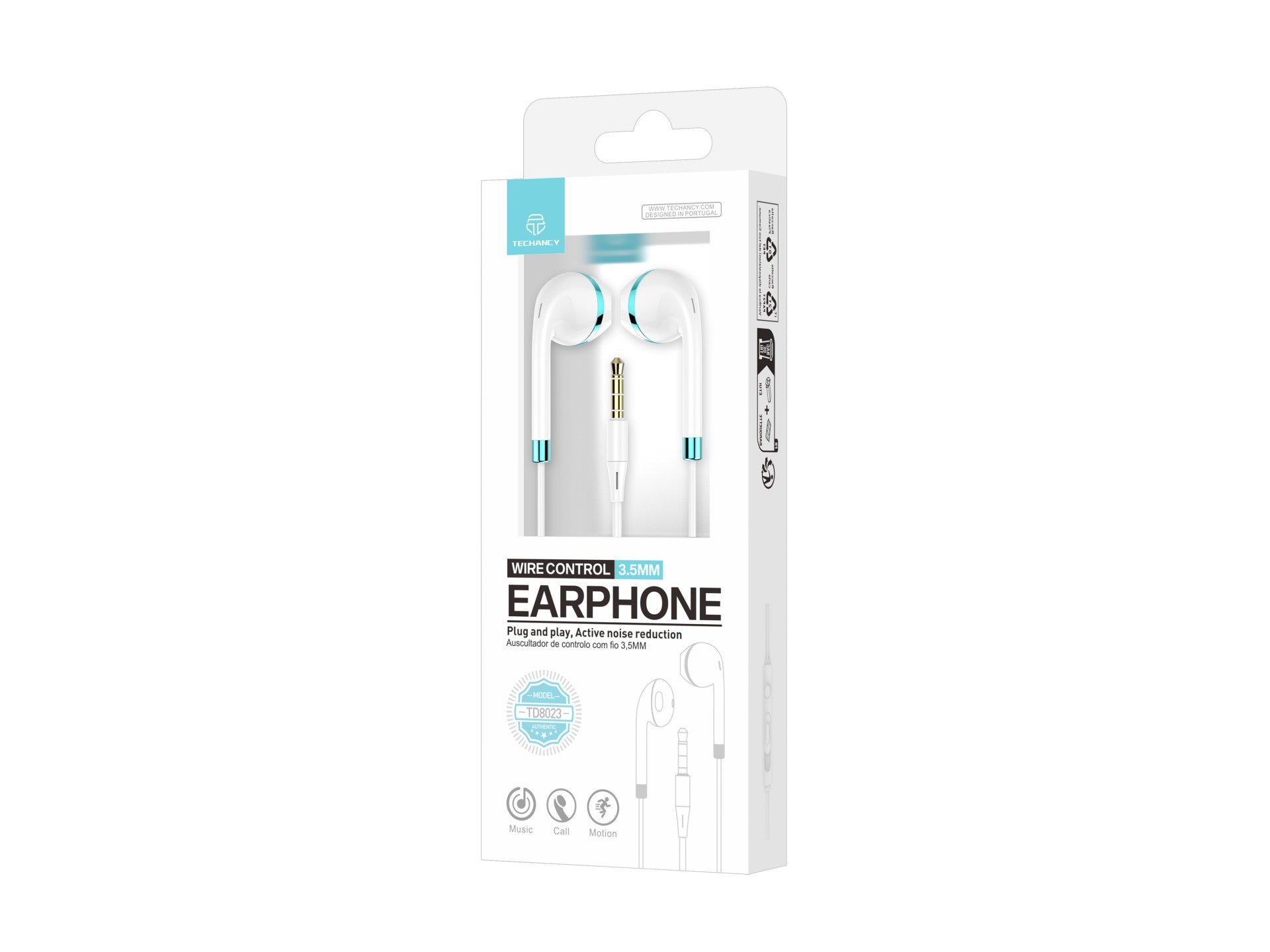 Techancy Fone de ouvido com fio TD8023, plugue 3,5 mm, controle no fio, microfone HD, cabo 1,2m