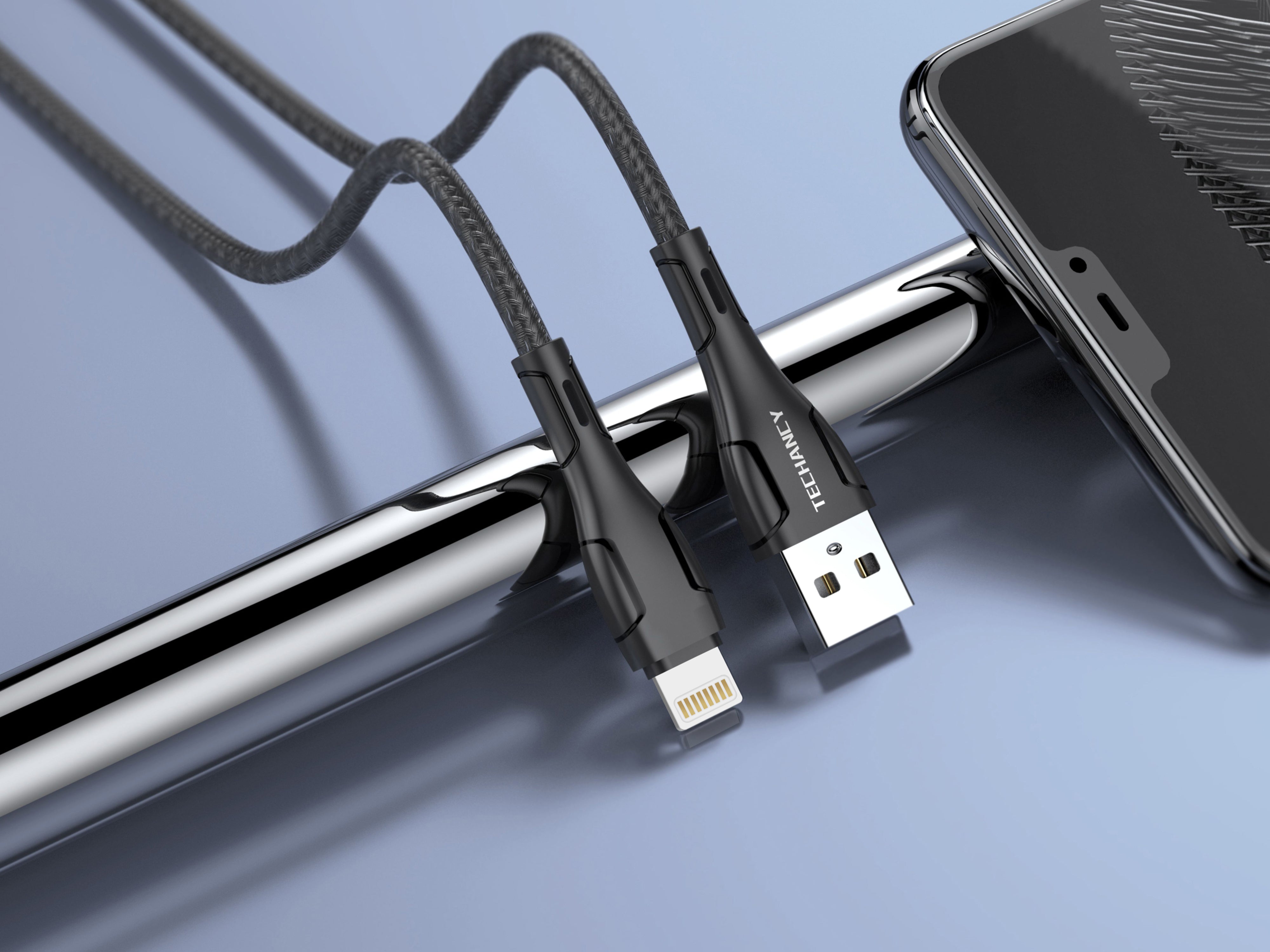 Techancy Cabo De Dados Trançado Usb-Ip8/X/11-14 Preto TB1694, Carregamento De 2,4 A, Transferência De Dados Compatível