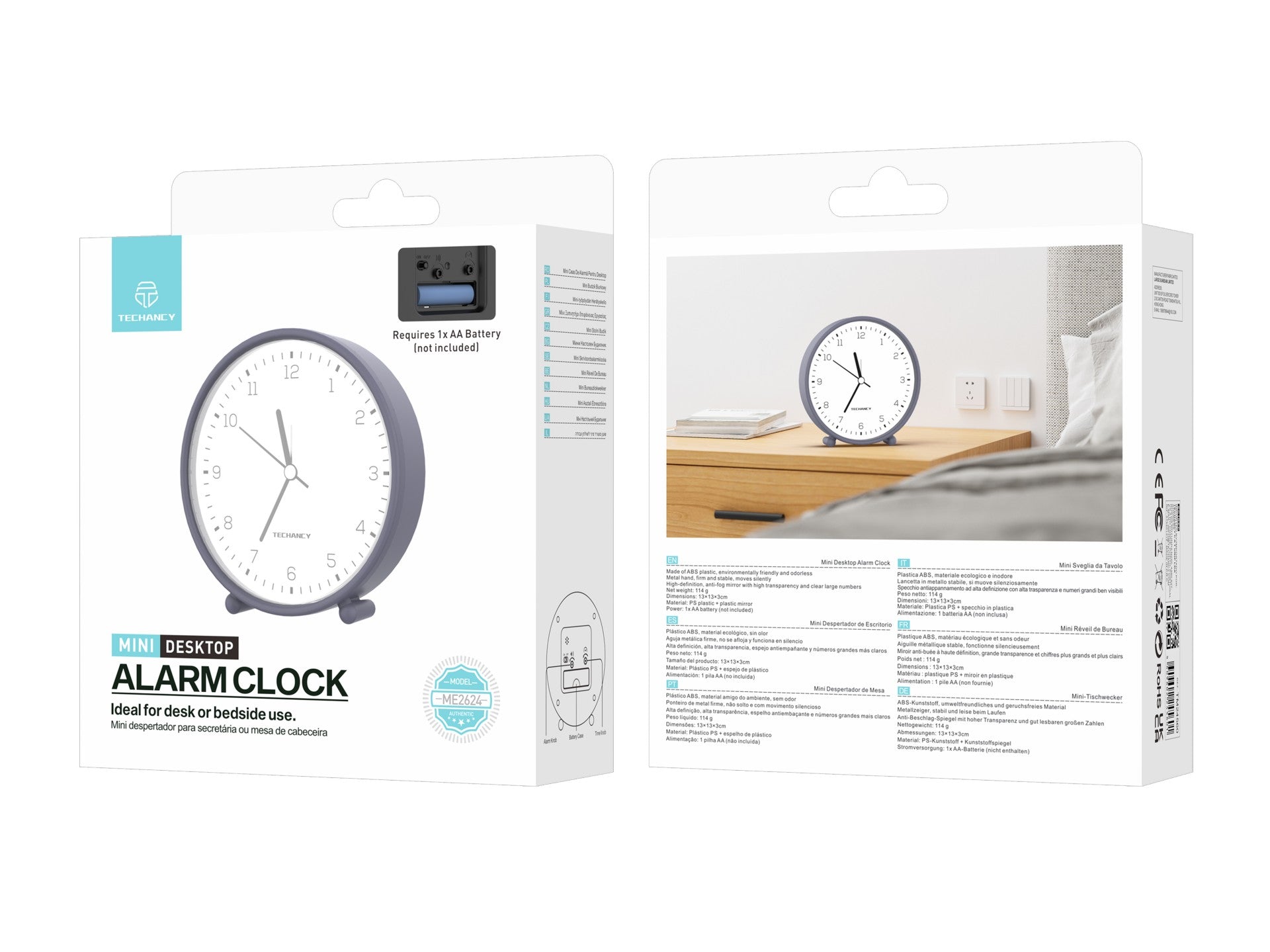 Techancy Mini ME2624 Silent Desk Alarm Clock, Large Numbers, Mirror, HD ABS Body, Portable for Bedroom and Desk, Gray Color
