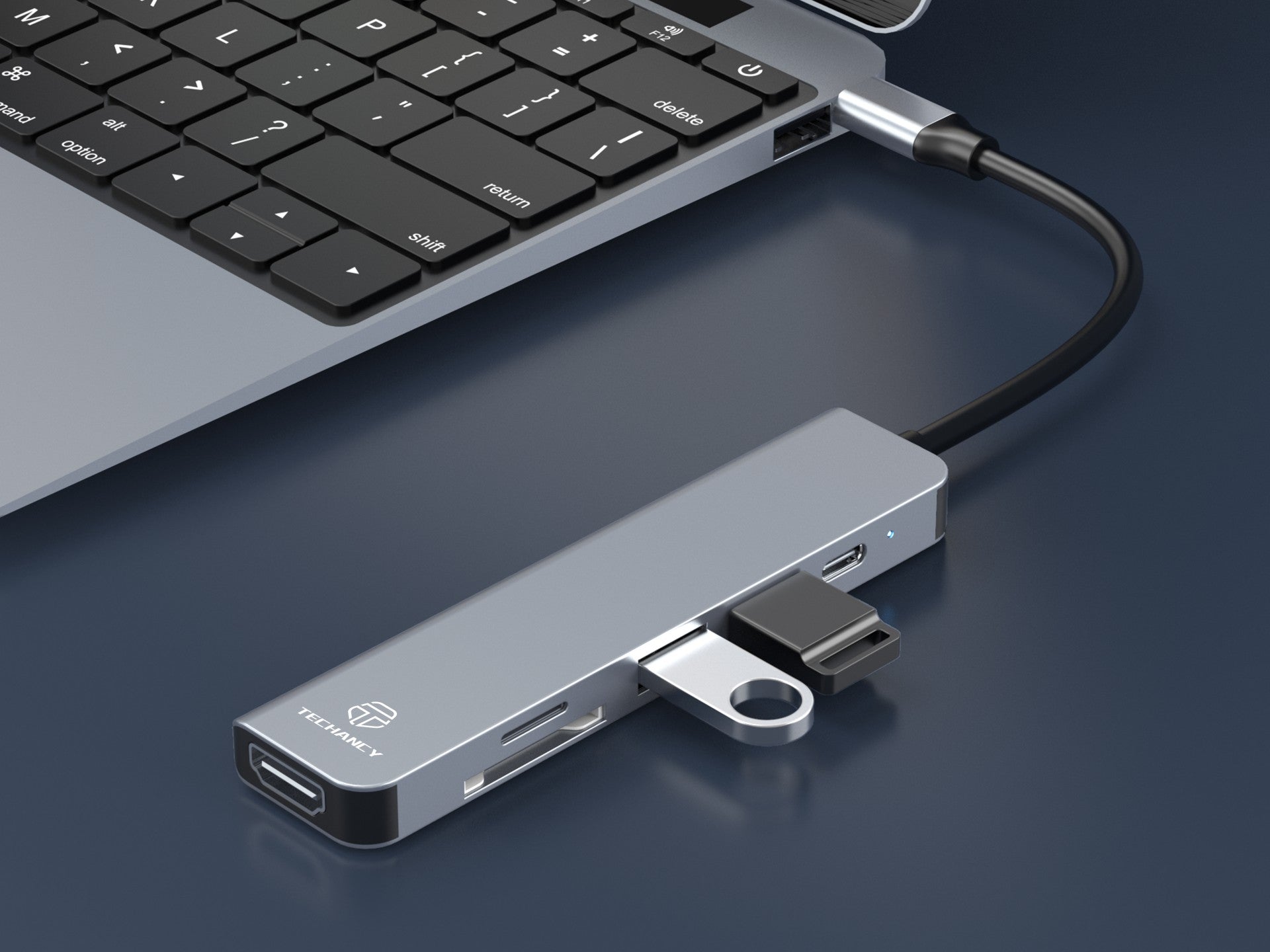 Techancy Hub USB-C 6 em 1 KT2909 com HDTV, PD, USB 3.0/2.0 e Leitor TF/SD, Compativel com PC e Telemovel, Cinzento