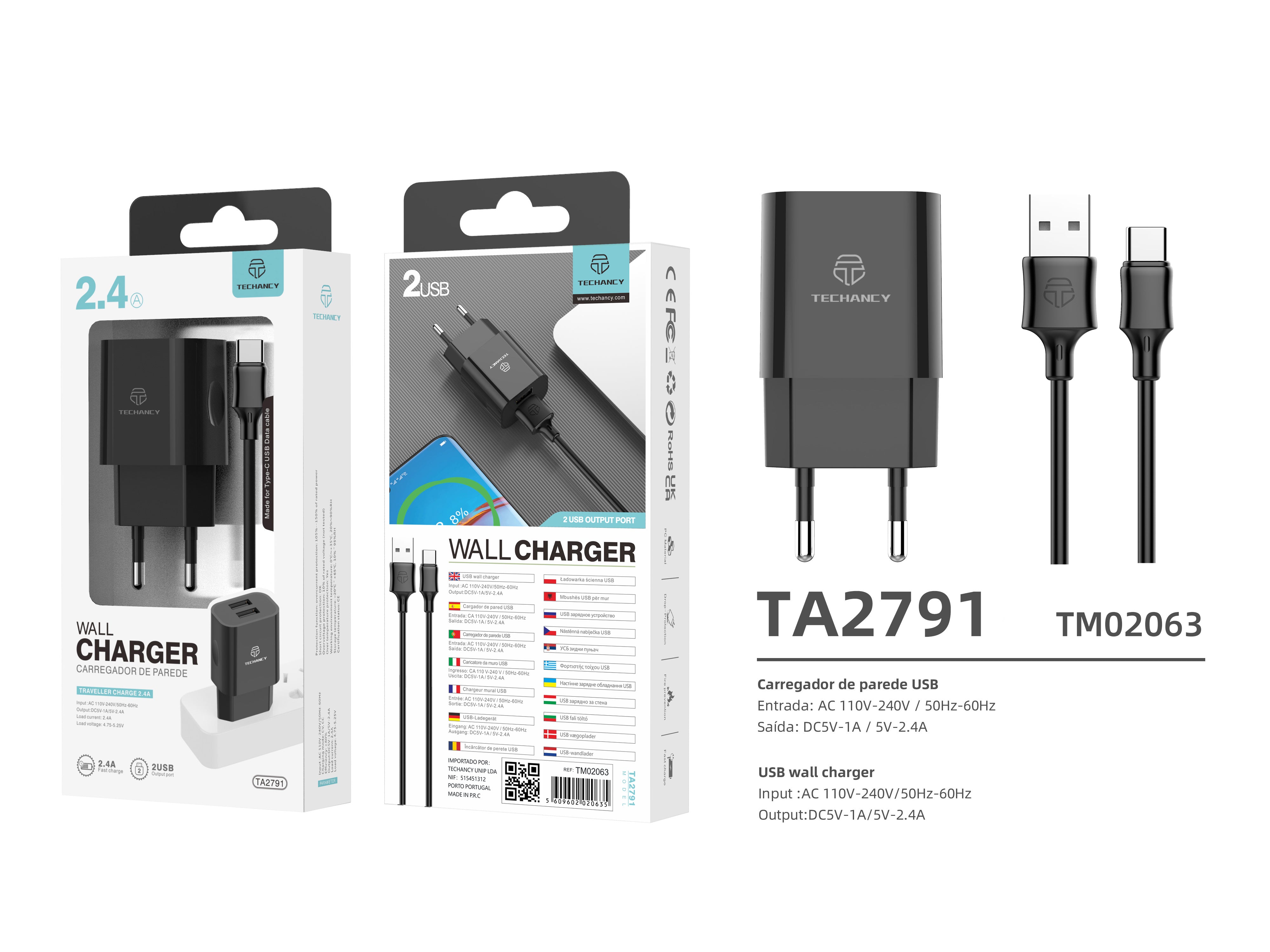 Techancy Carregador De Parede 2usb Preto TA2791,5V-2.4A Carregamento,Conjunto De Cabos Usb-Tipo-C 1m,Suporta Telemóveis Usb-C