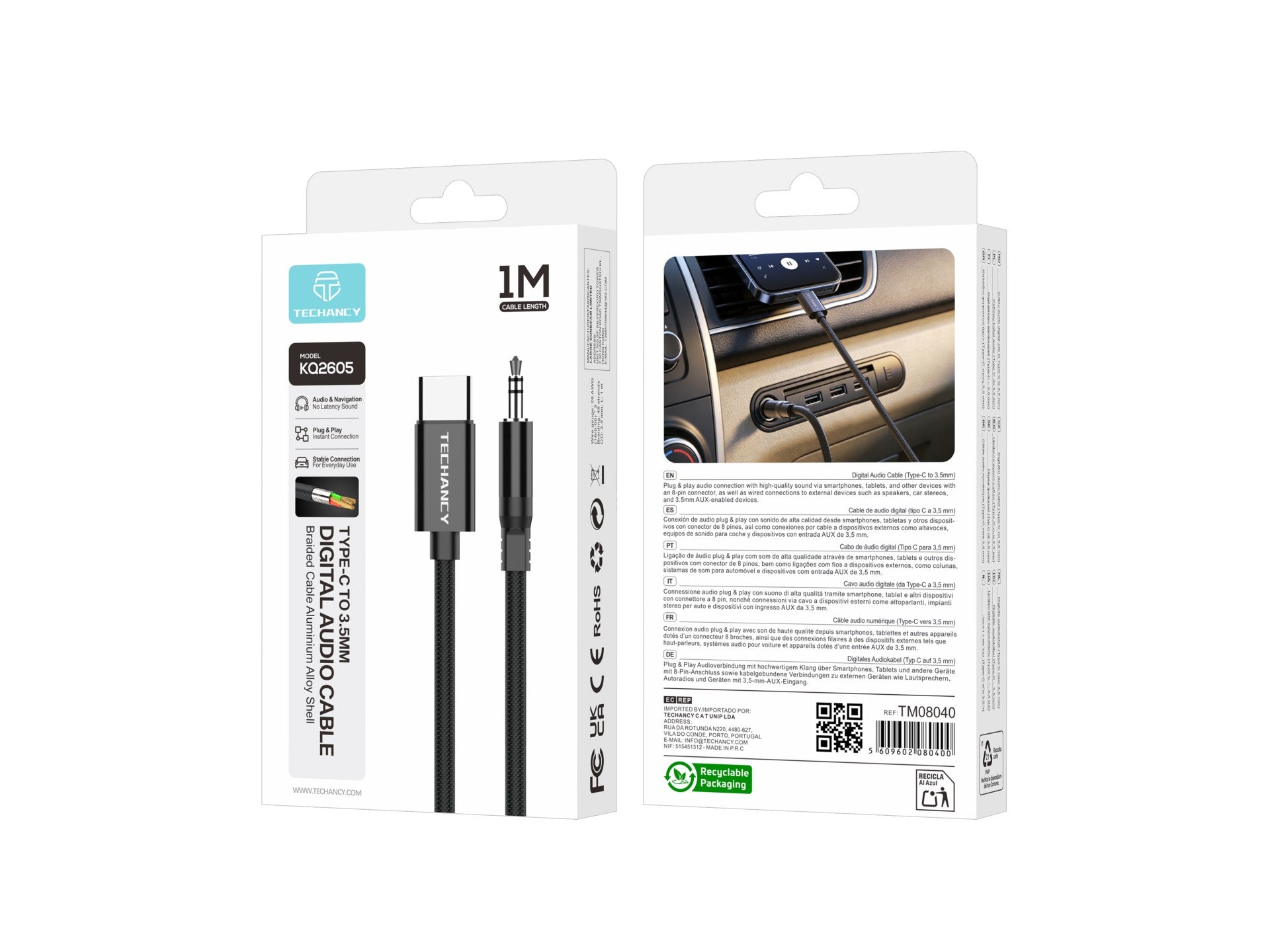 Techancy Cabo Audio Digital KQ2605 Type-C para 3.5mm, 1M, Trancado, Compativel com Telemovel, Carro e Auscultadores, Preto