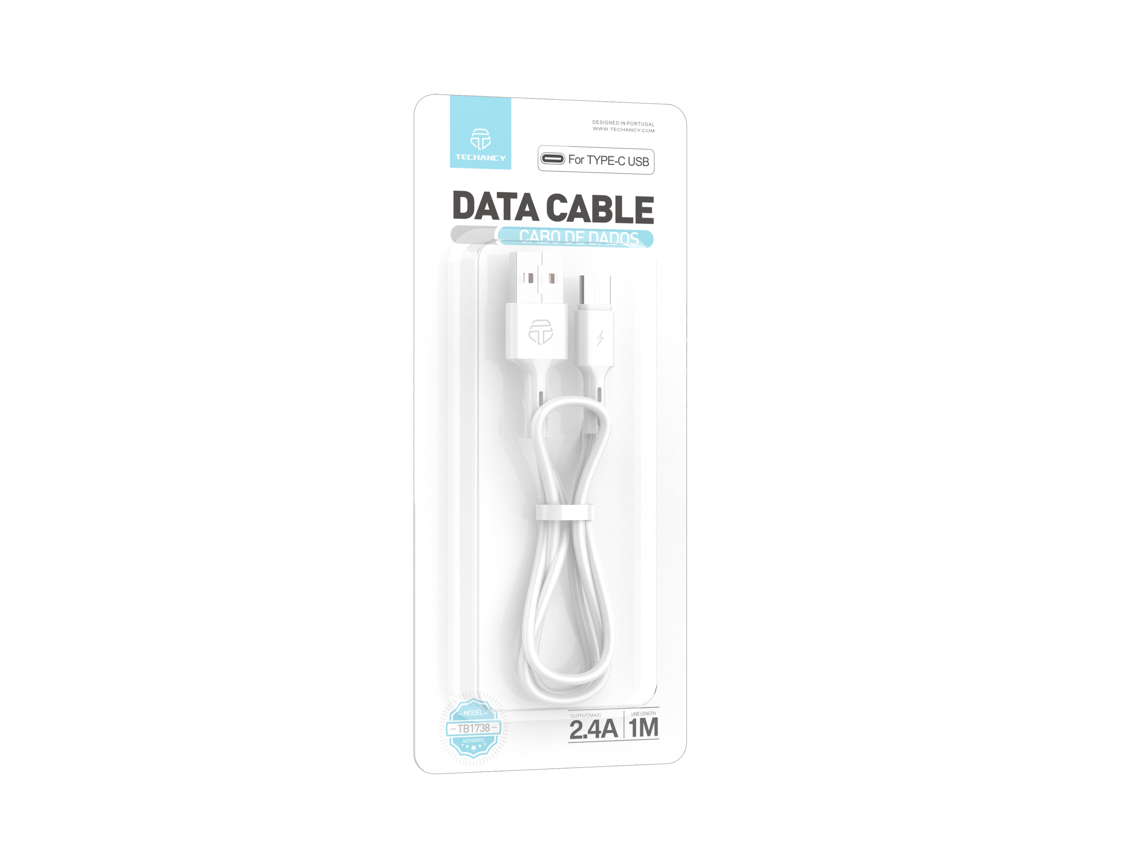 Techancy Cabo De Dados Usb-Tipo-c, TB1738 1M, Carregamento Rápido 2,4A, Transferência De Dados, Branco