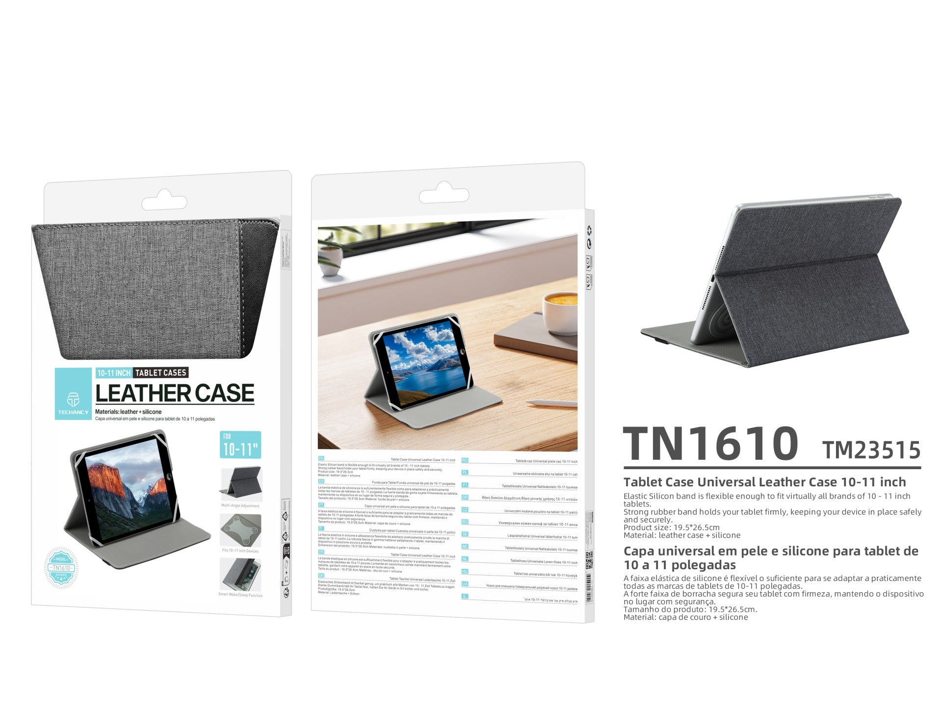 Techancy Capa Tablet TN1610 Universal Para 10-11 Polegadas Couro Silicone Ajustavel Multiangulos Faixa Elastico Antiderrapante Cinza