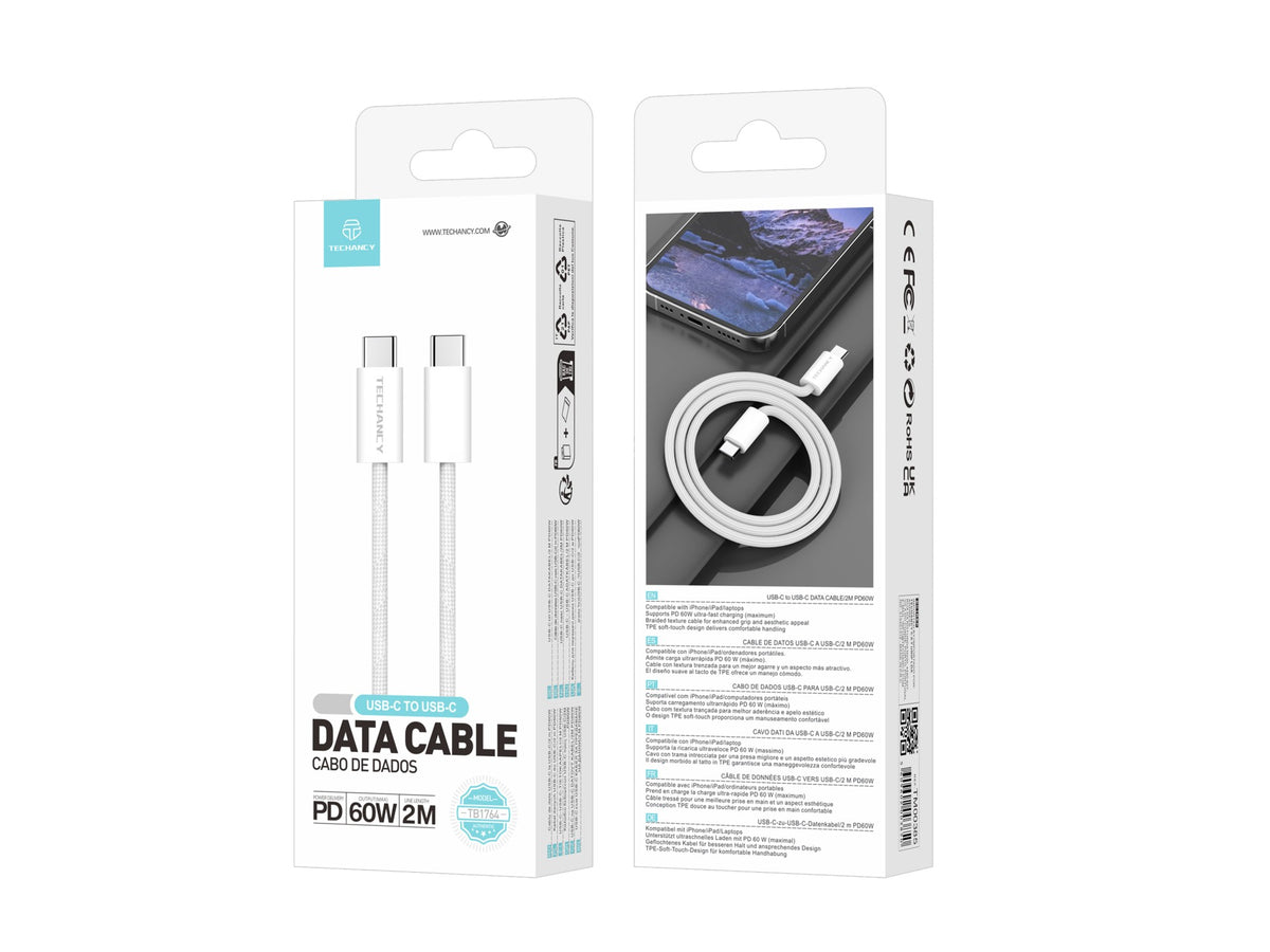 Cabo USB-C para USB-C 2 m TECHANCY TB1764, PD 60W, Carregamento Rapido e Dados, Textura Entrancada, Branco, TPE