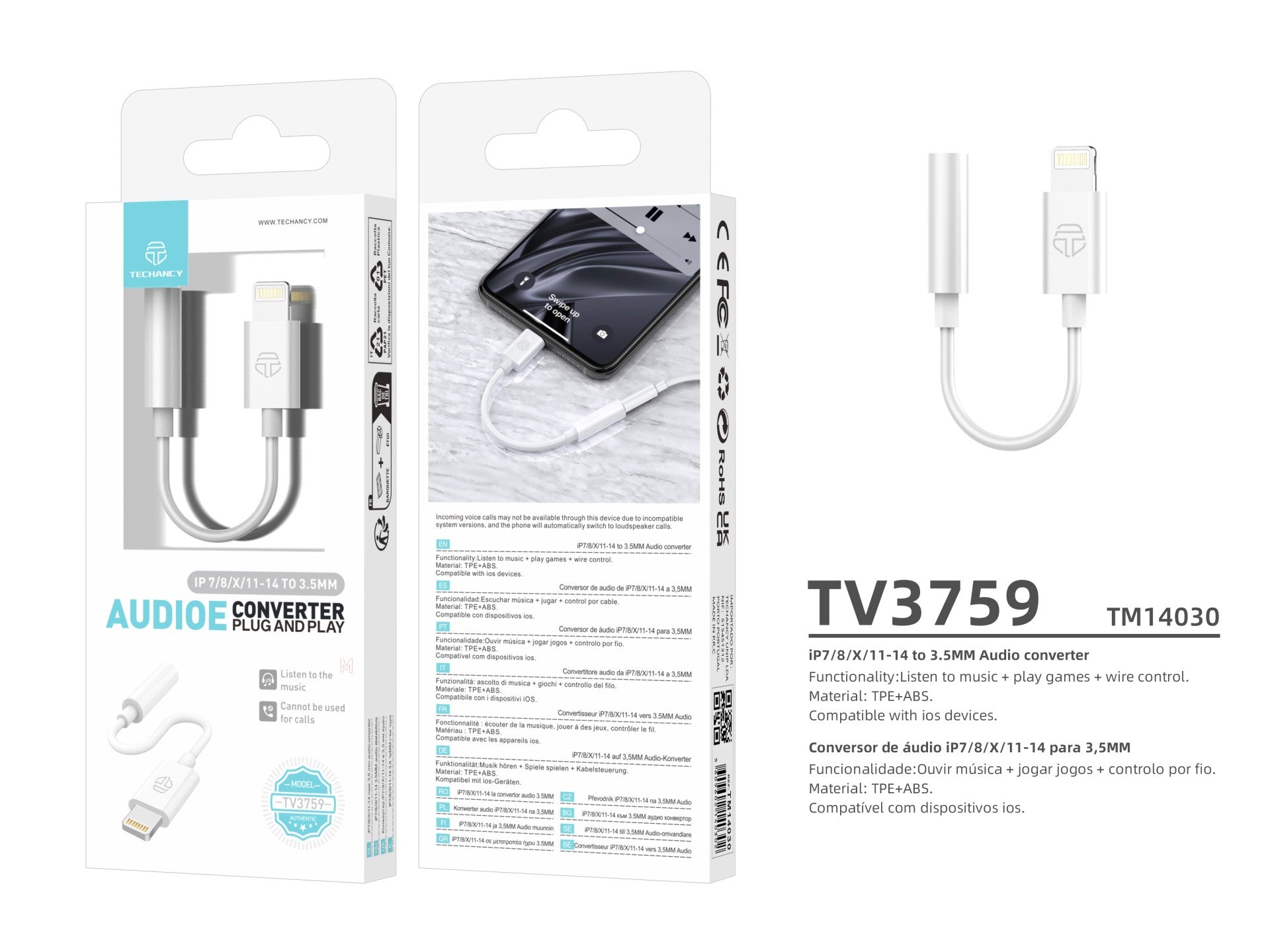 Convertidor de audio Techancy IP7/8/X/11-14 a 3,5 mm TV3759, compatible con música y juegos, compatible con dispositivos iOS, Plug and Play