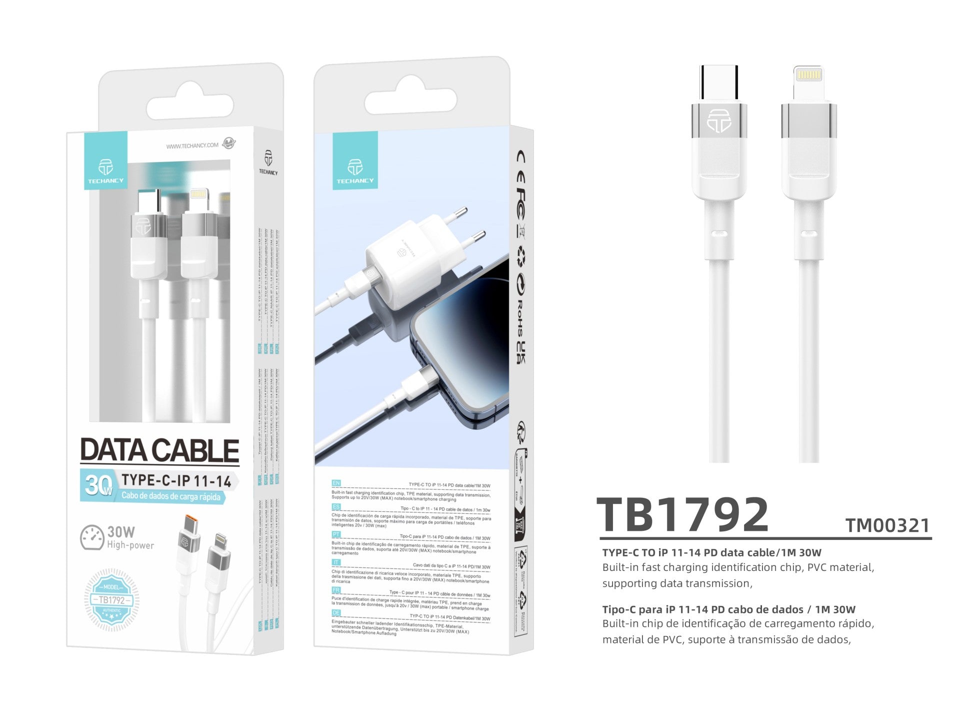 Cable de datos Techancy PD de 30 W, blanco, 1 m, TB1792, USB C-IPX/11/12-14, compatible con carga rápida y transferencia de datos.