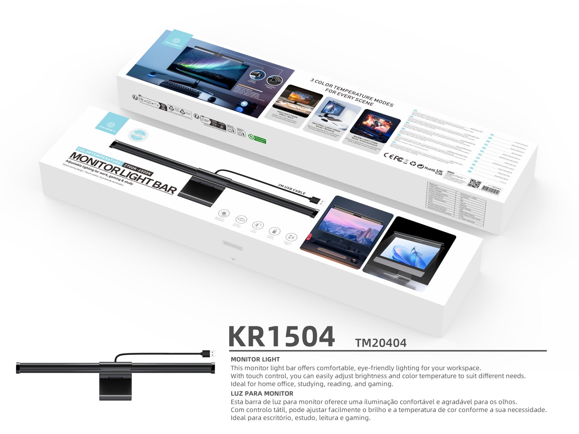 Techancy KR1504 Monitor Light Bar with Touch Control, 3 Color Temperatures, USB, for Office Use, Black
