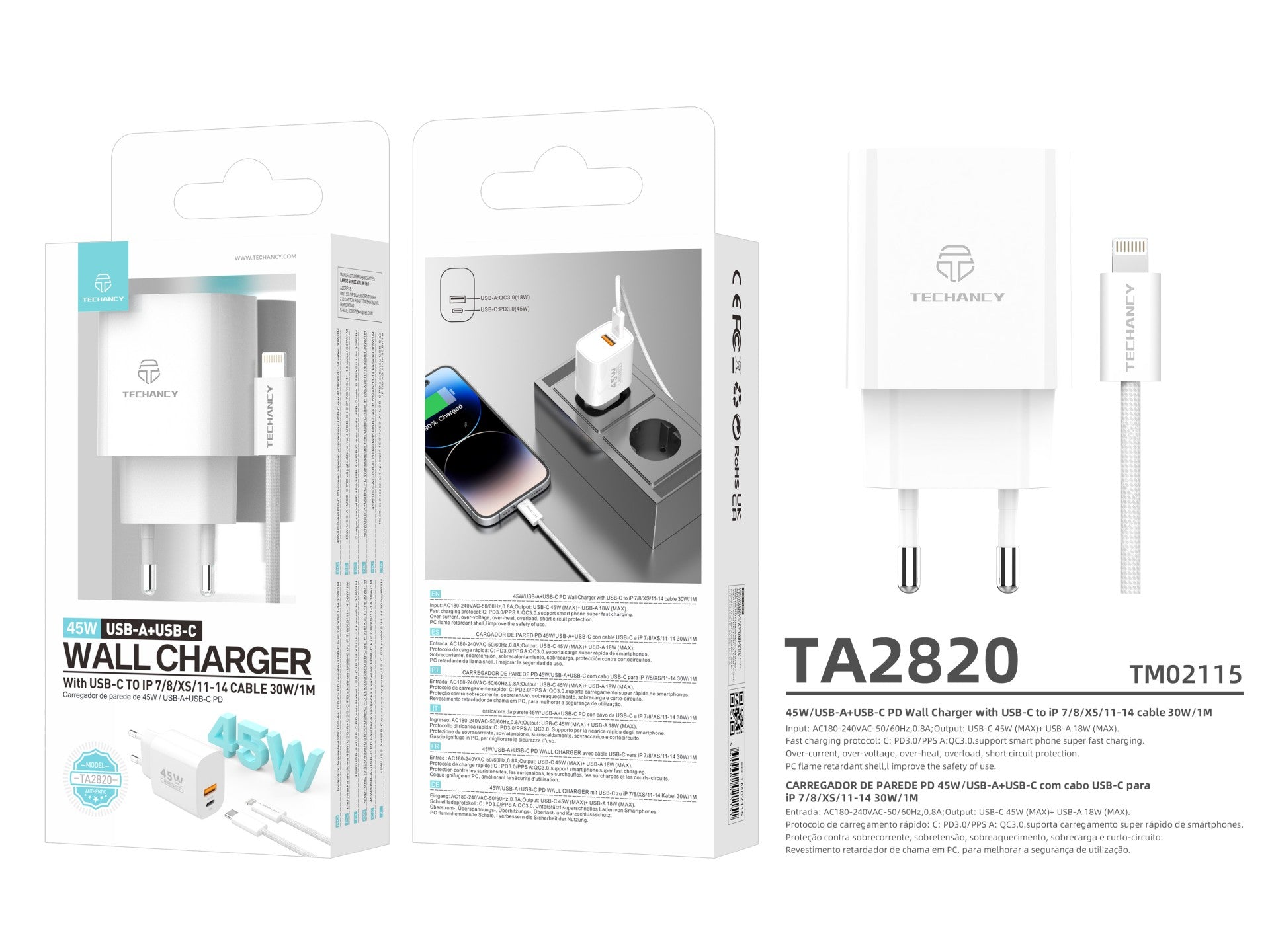 Techancy Carregador USB-A+USB-C TA2820, 45W PD, com Cabo USB-C para Lightning de 1m, CompatIvel com iPhone 7/8/XS/11-14