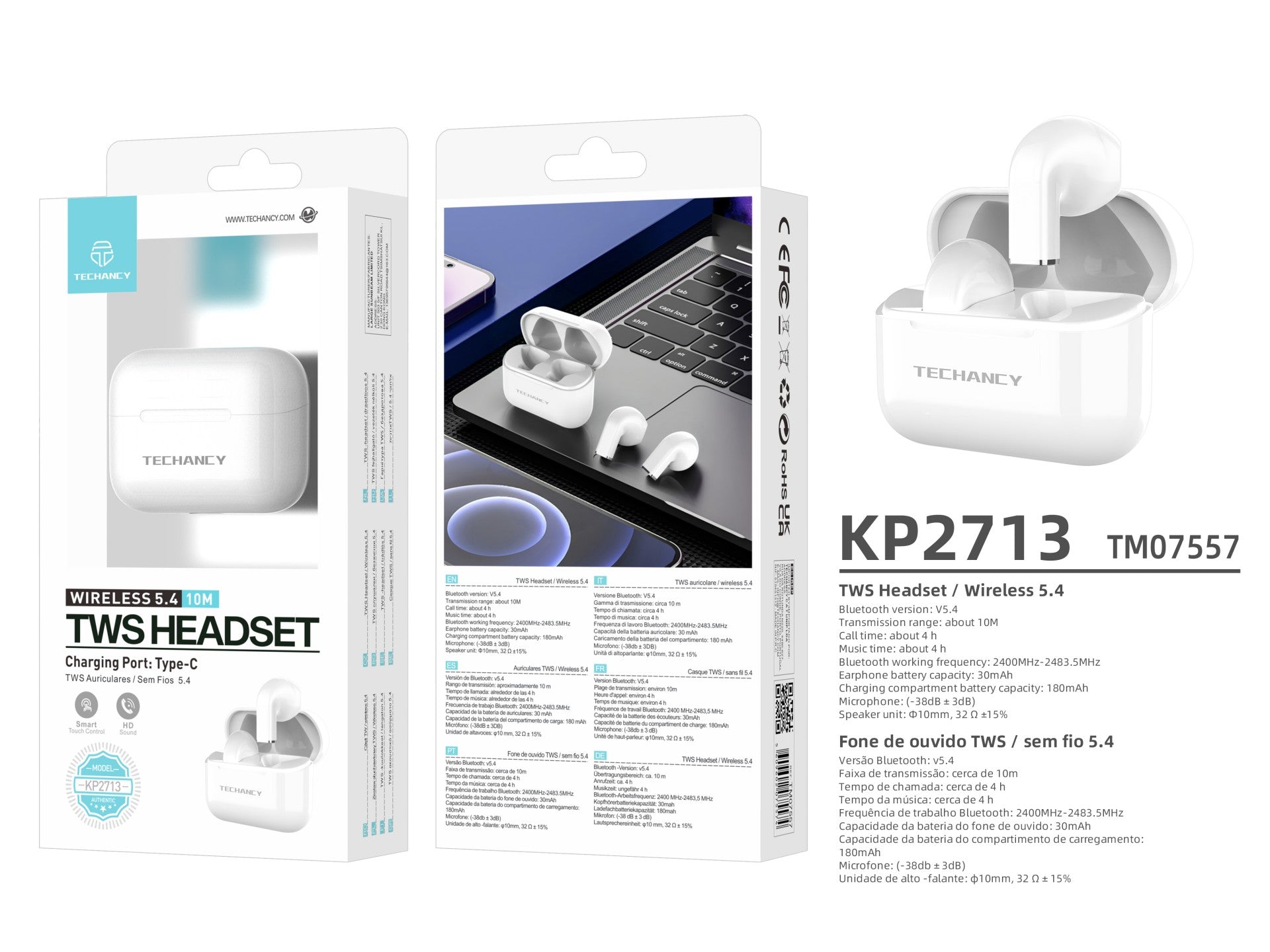 Techancy Auriculares TWS KP2713 Bluetooth 5.4 true wireless USB-C 4h de autonomia ligação estável 9m cor branca