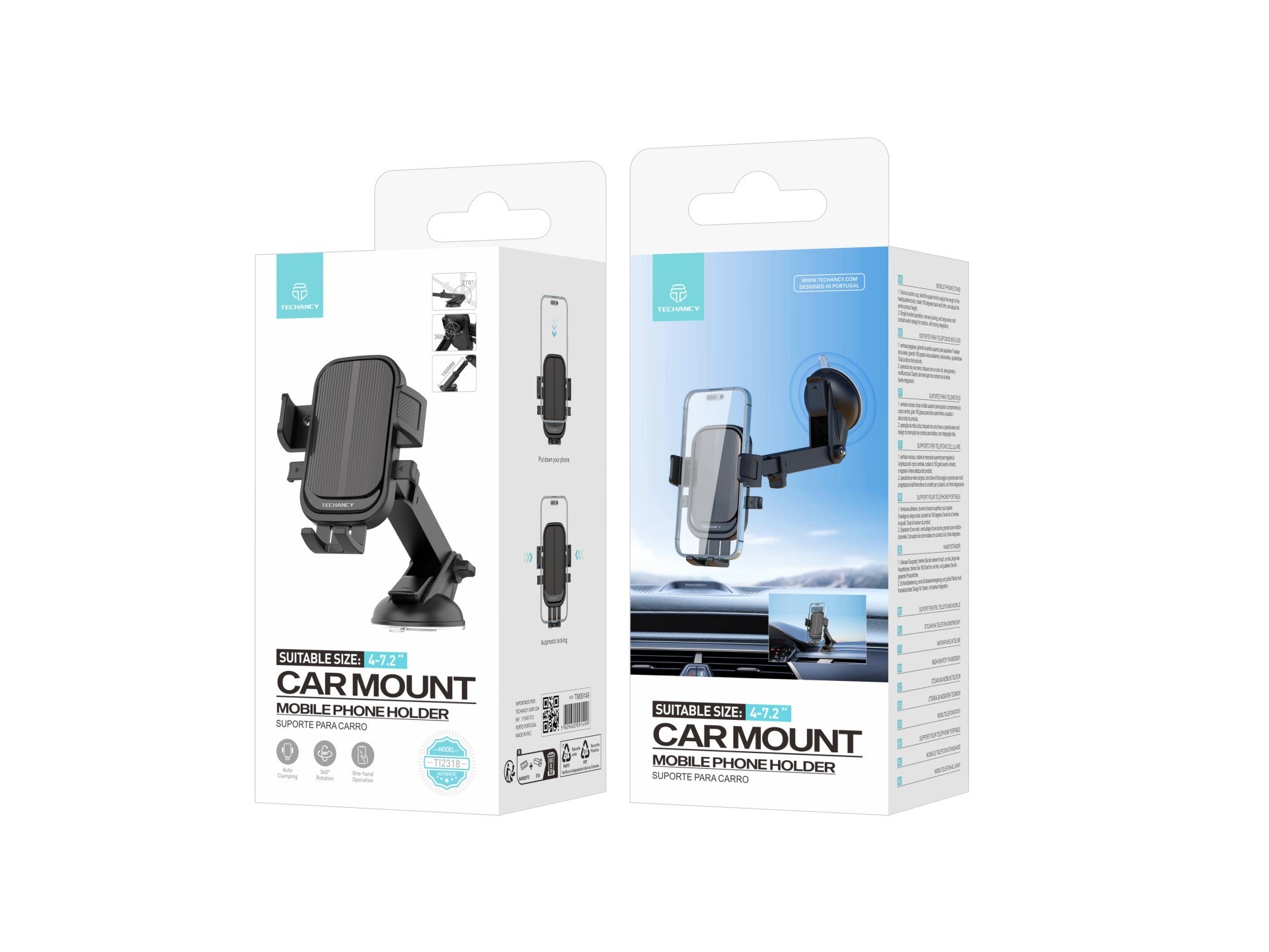Techancy Suporte Para Telemóvel Para Automóvel Ti2318 Preto, 4,0-7,2 Polegadas, Suporte Para Ventosa, Bloqueio Com Um Toque