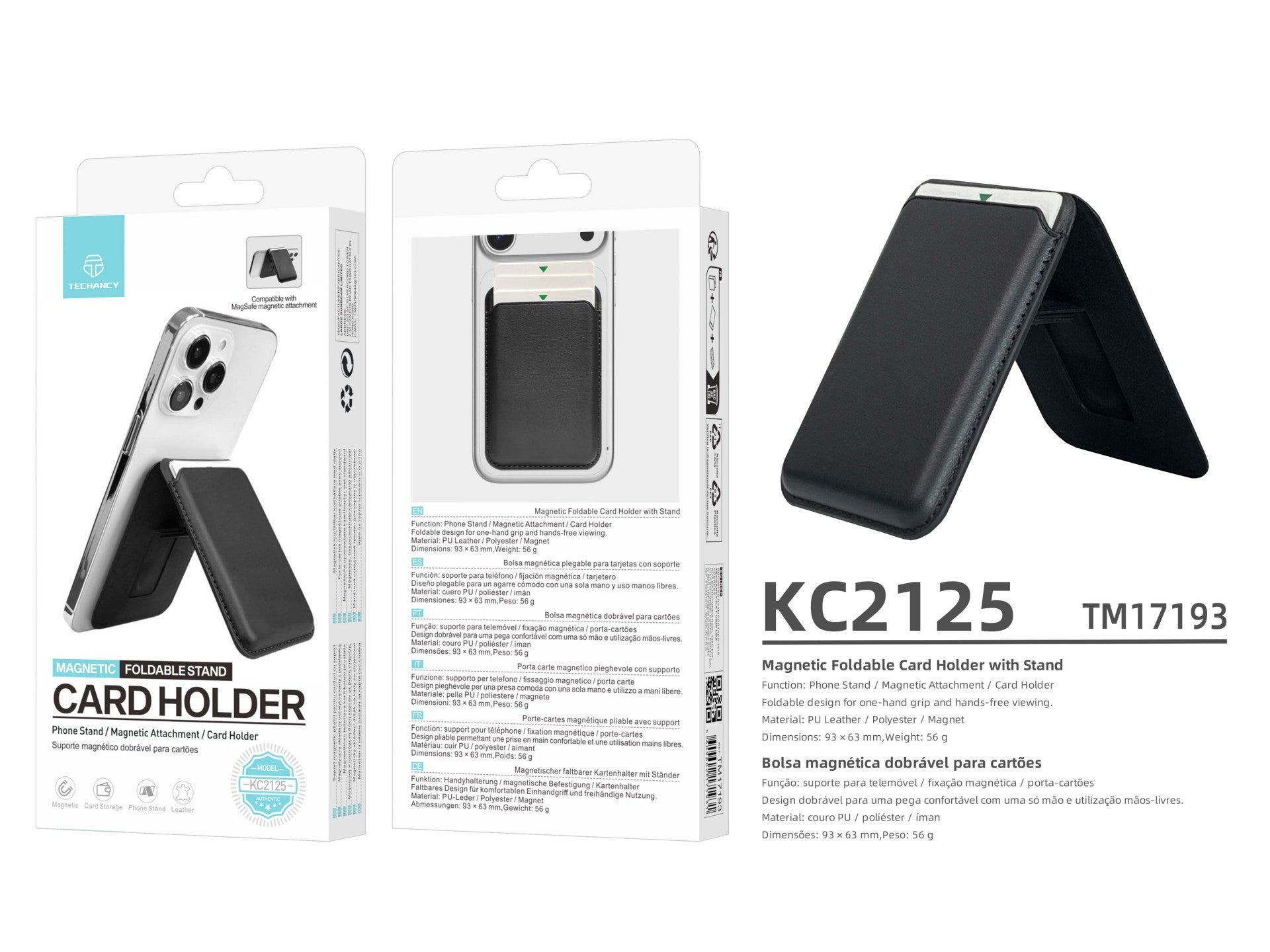 Techancy Porta Cartoes Magnetico KC2125 Suporte Dobrável Compativel com MagSafe Carteira para iPhone Preto
