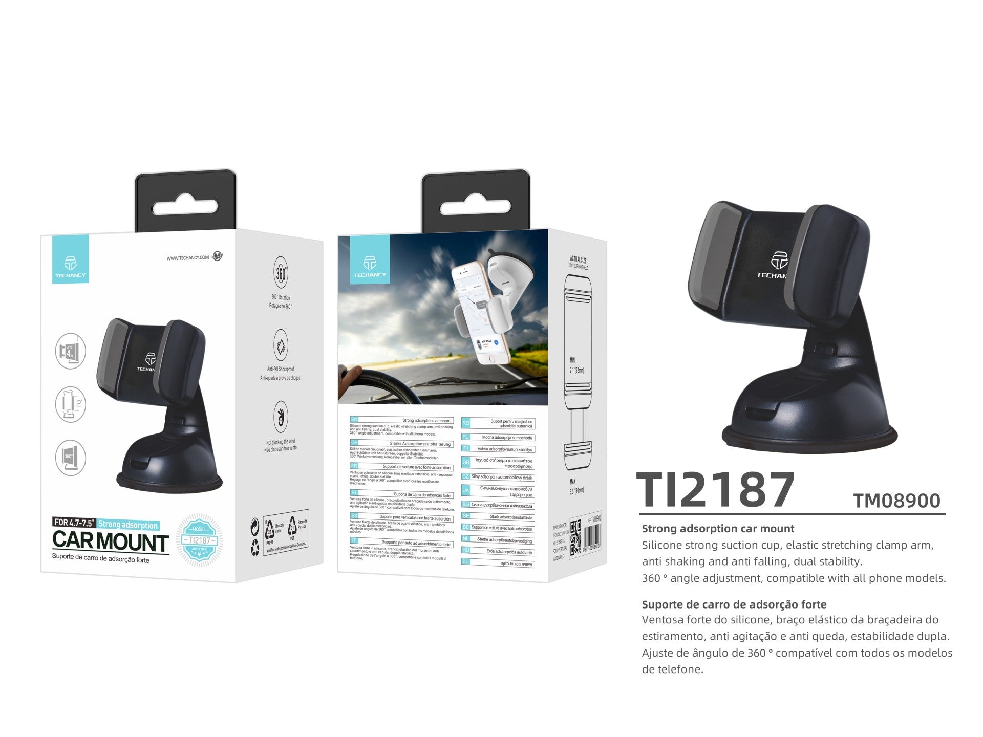 Techancy Suporte Para Telemóvel Para Automóvel Preto Ti2187, Ventosa Potente Em Silicone, Braço Elástico Flexível Anti-Queda