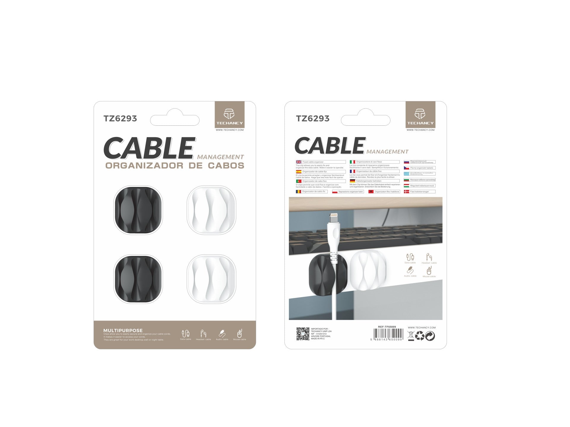 Soporte para cables Techancy TZ6293 (paquete de 4), organizador de cables, blanco y negro