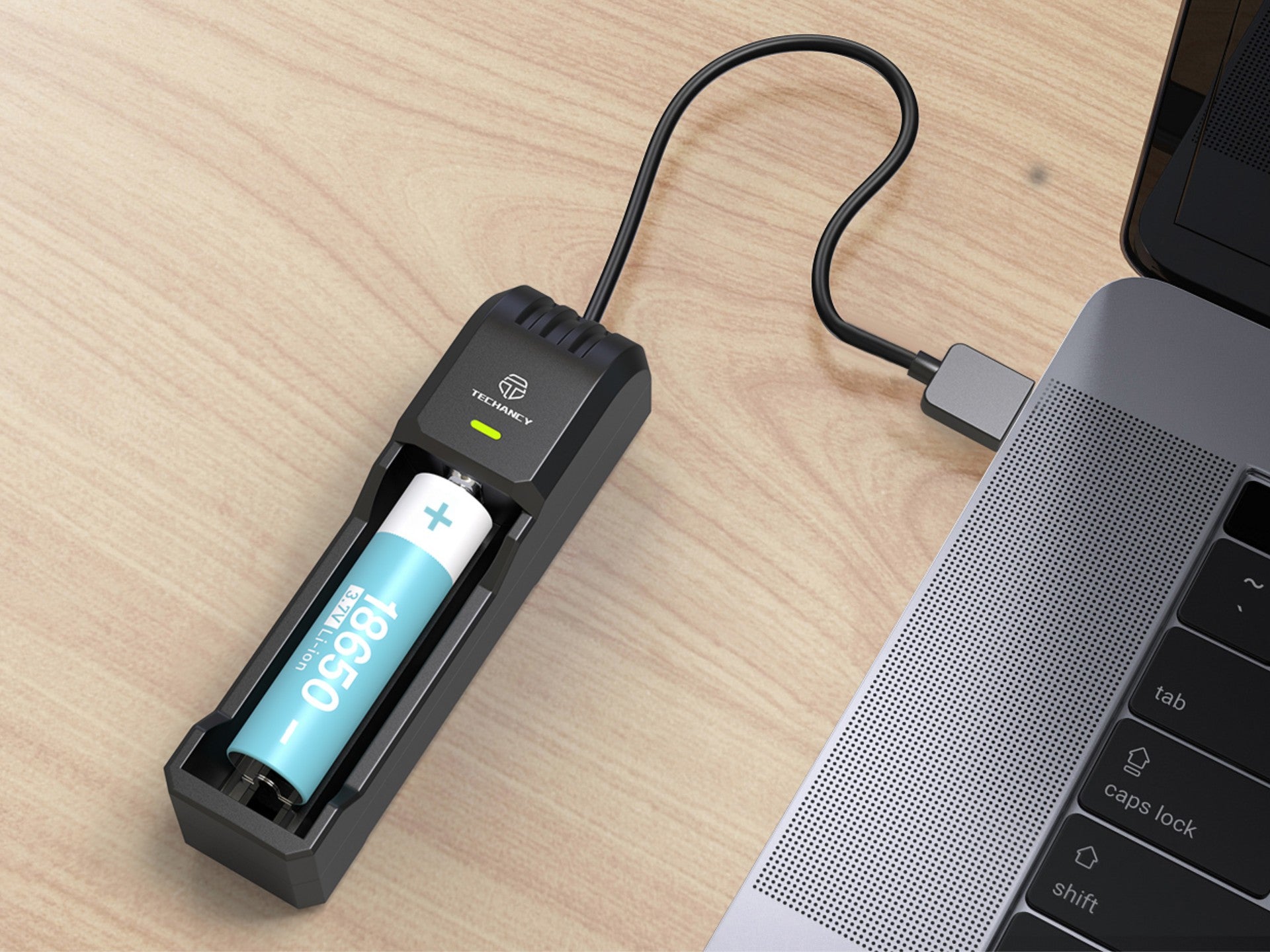 Techancy MM5421 Single Battery Charger with LED Indicator, Compatible with 14500, 18650, 26650, and 21700 3.7V USB, Safe, Portable, Black Color.