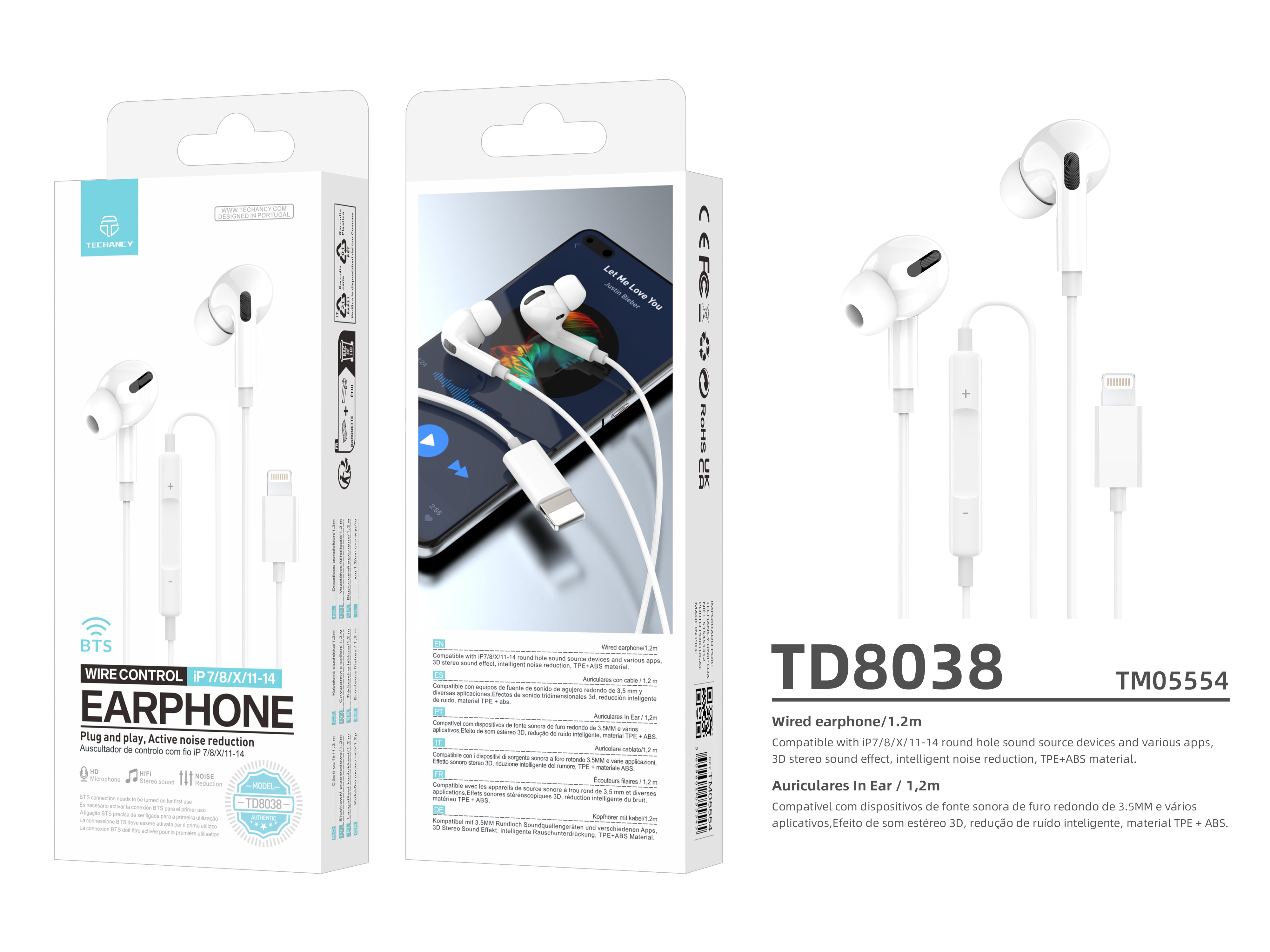 Techancy Auscultadores Intra-Auriculares Com Fios Brancos TD8038 Com Conetor Lightning, Microfone Integrado, Compatível Com Iphone/Ipad