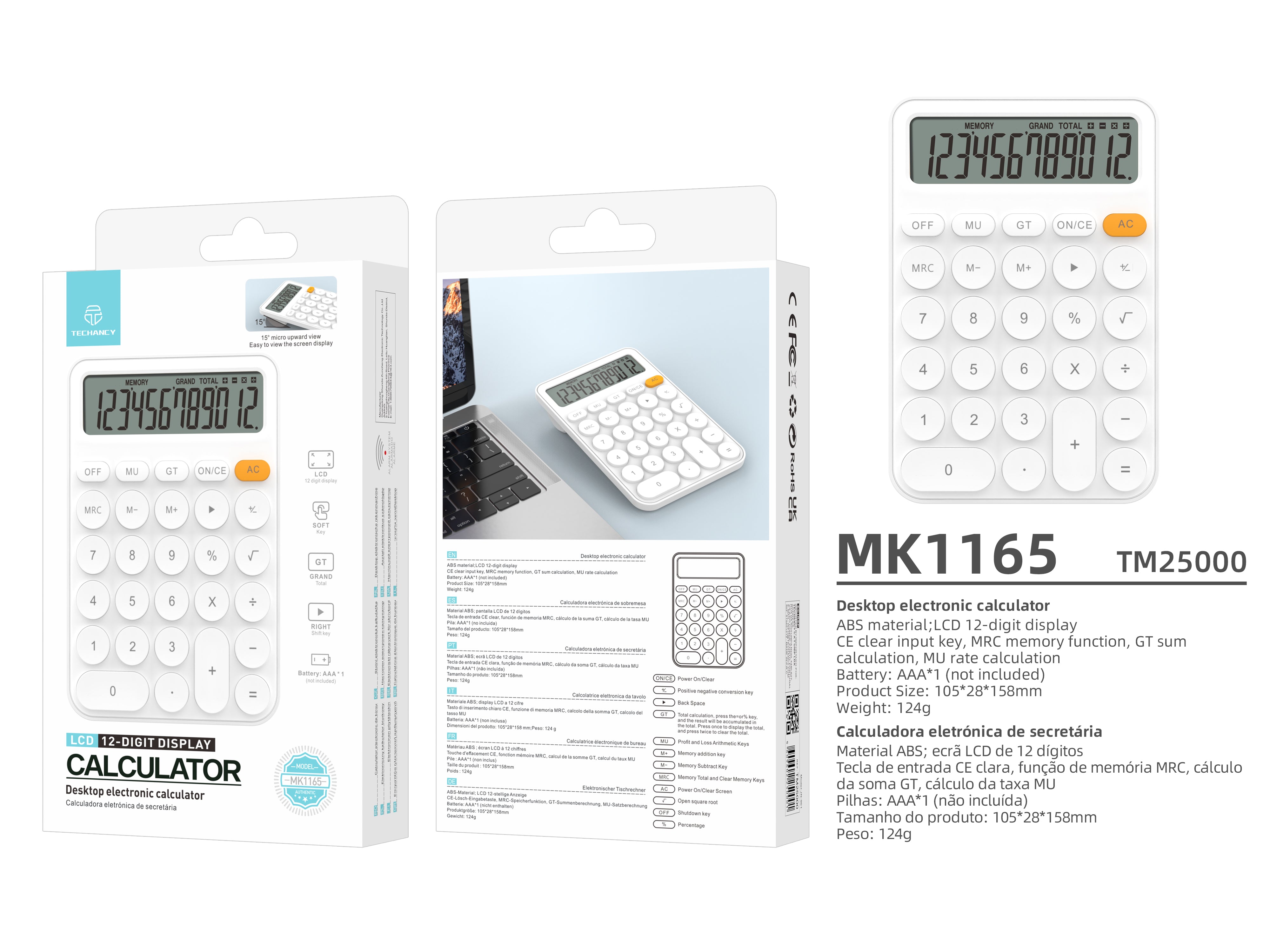 Calculadora de escritorio Techancy MK1165 LCD de 12 dígitos con funciones MRC GT MU y tecla CE transparente, color blanco
