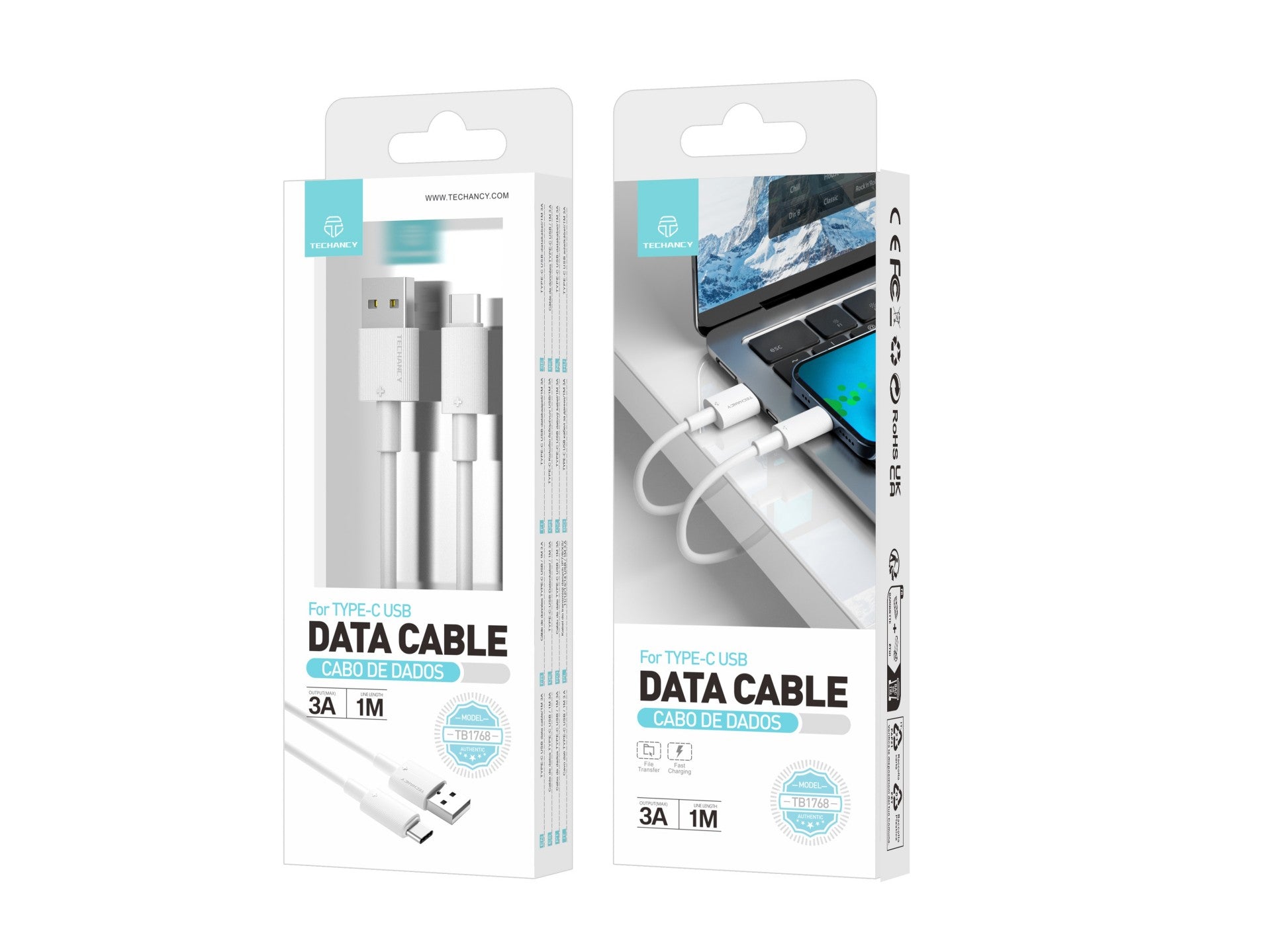 Techancy Cabo De Dados Usb Tipo C Branco TB1768, Comprimento 1m Suporta Corrente 3A E Transferência De Dados 480mbps,