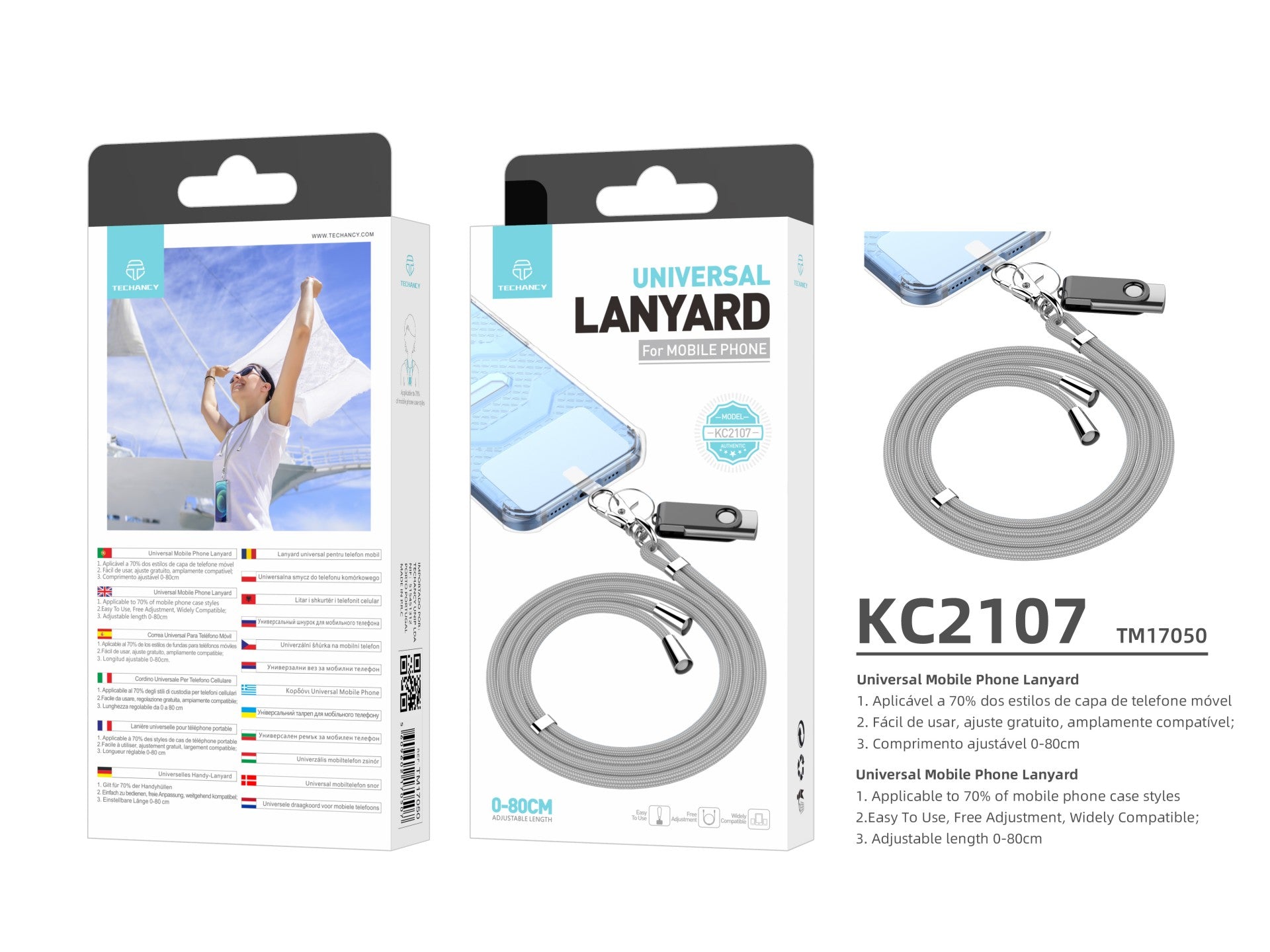 Techancy Cordão Universal Para Telemóvel Cinzento KC2107, Comprimento Ajustável De 0-80 Cm, Utilizado Com A Capa Do Telemóvel