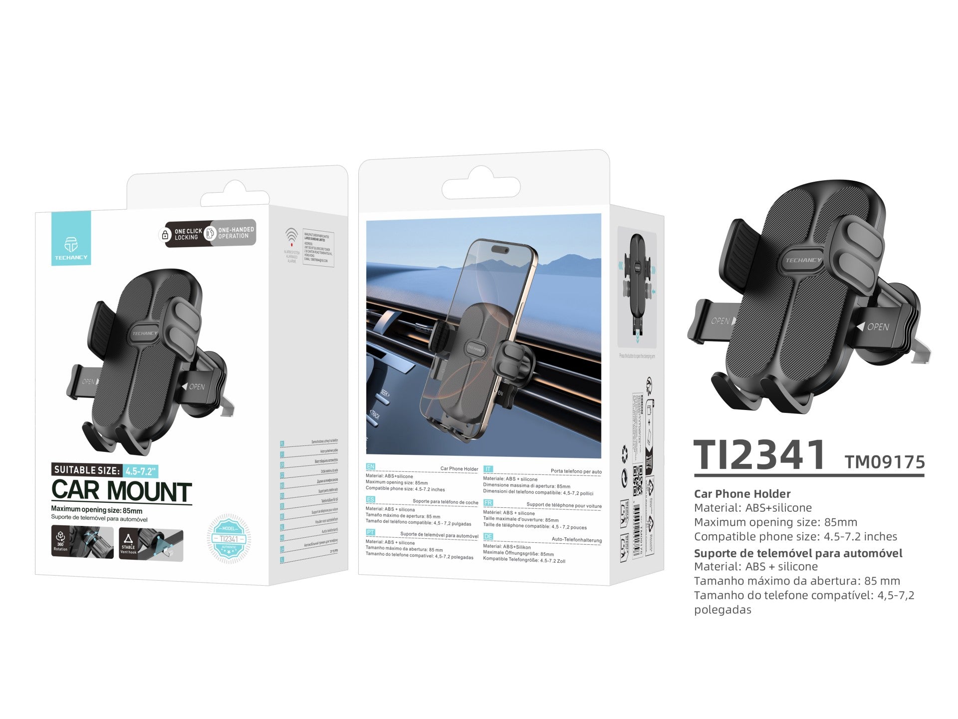 Techancy suporte de telemovel para carro TI2341 Operacao com uma mao Compativel com 4.5-7.2 pol Preto