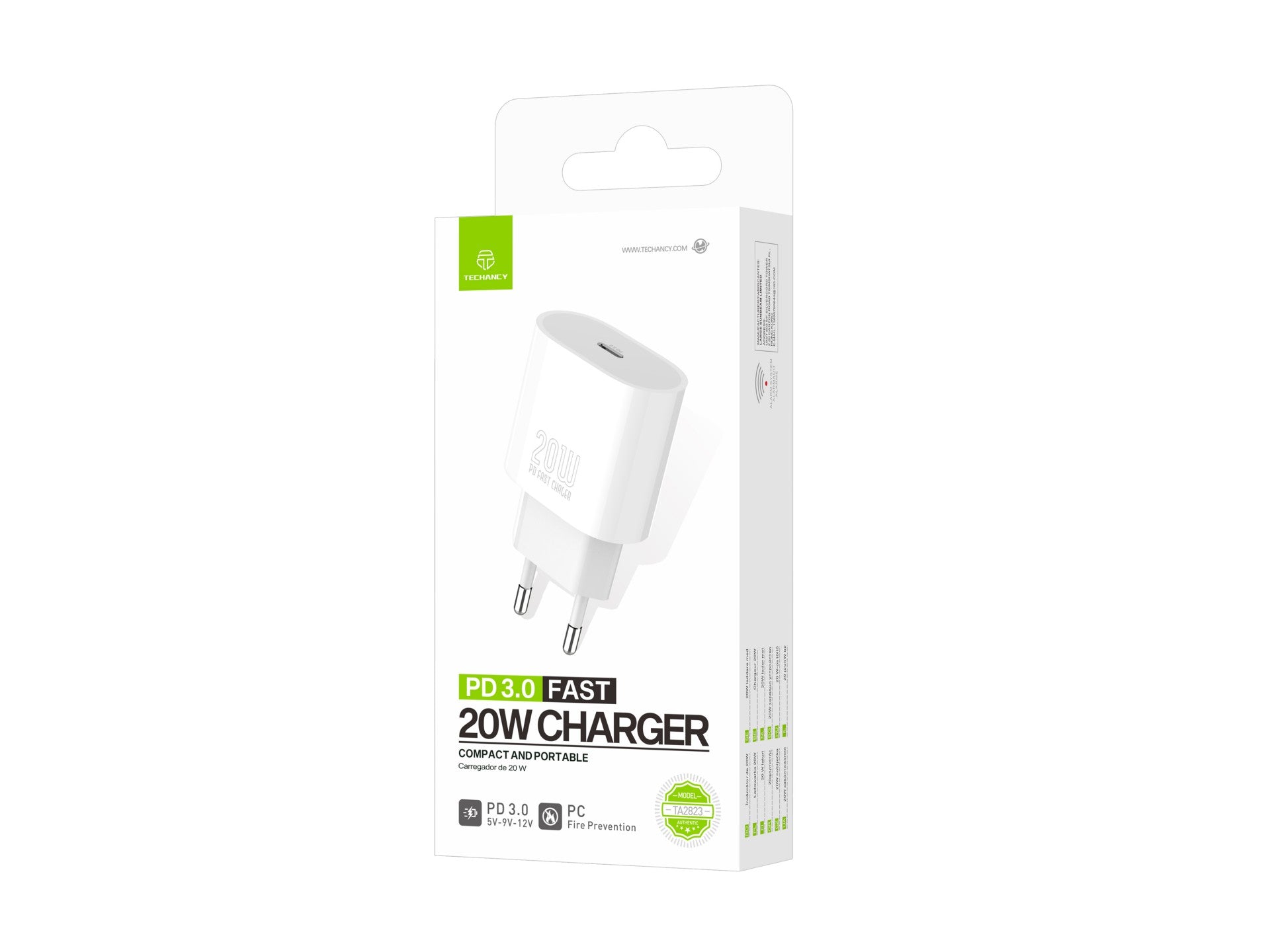 Techancy Carregador TA2823 PD3.0 20W USB-C Adaptador de Carga Rapida Compativel com iPhone Samsung Huawei e Outros Dispositivos