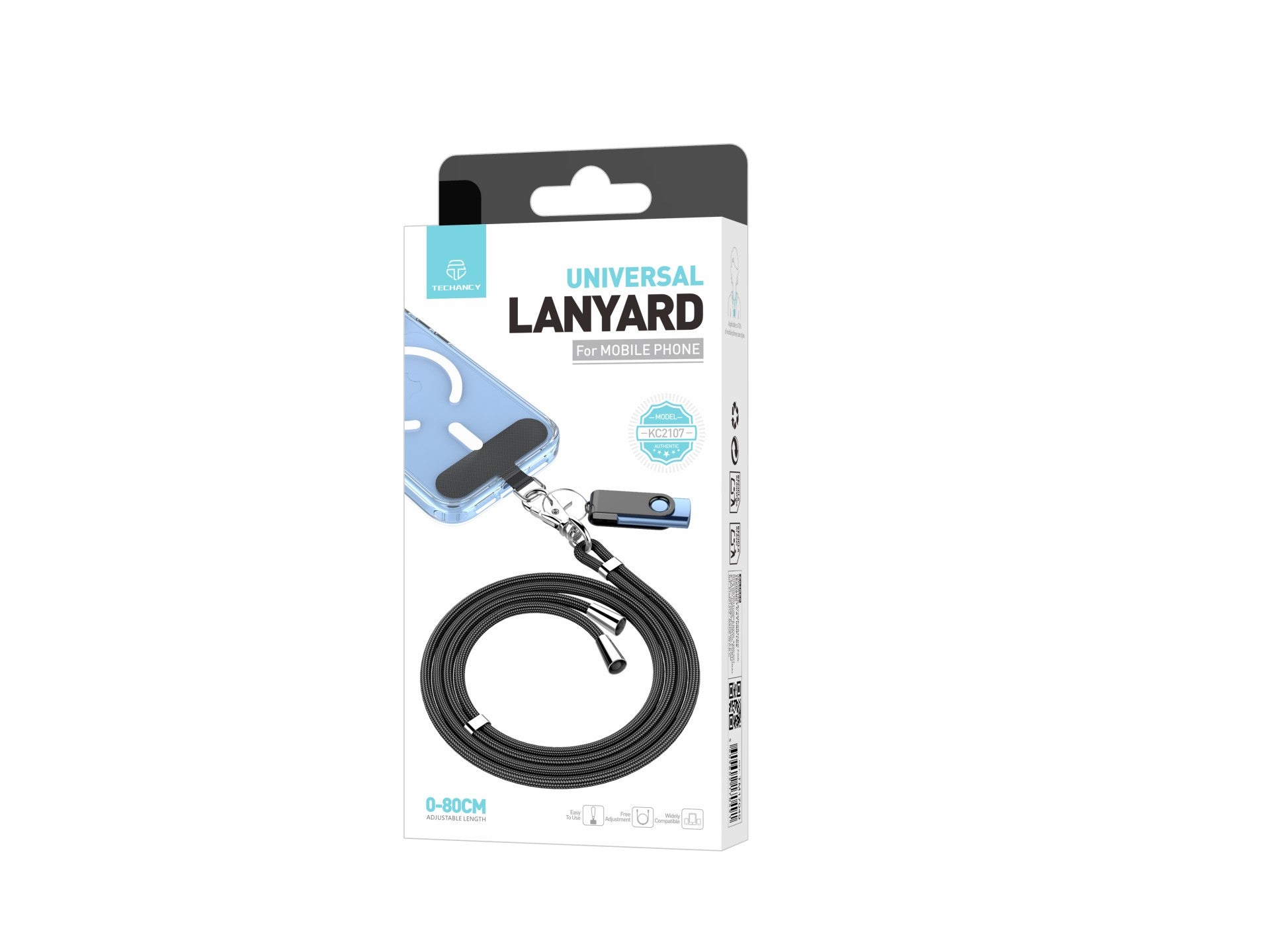 Techancy Cordão Universal Para Telemóvel Preto KC2107, Comprimento Ajustável De 0-80 Cm, Utilizado Com A Capa Do Telemóvel