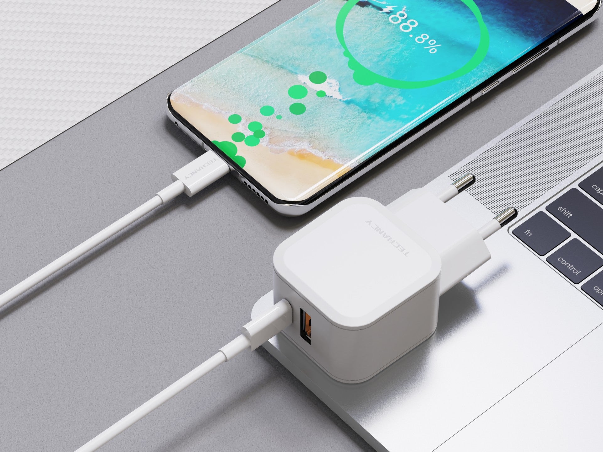 Techancy 43W White Fast Charger TA2813, Dual PD+USB Port, USB-C to USB-C Cable Set 1m/30W