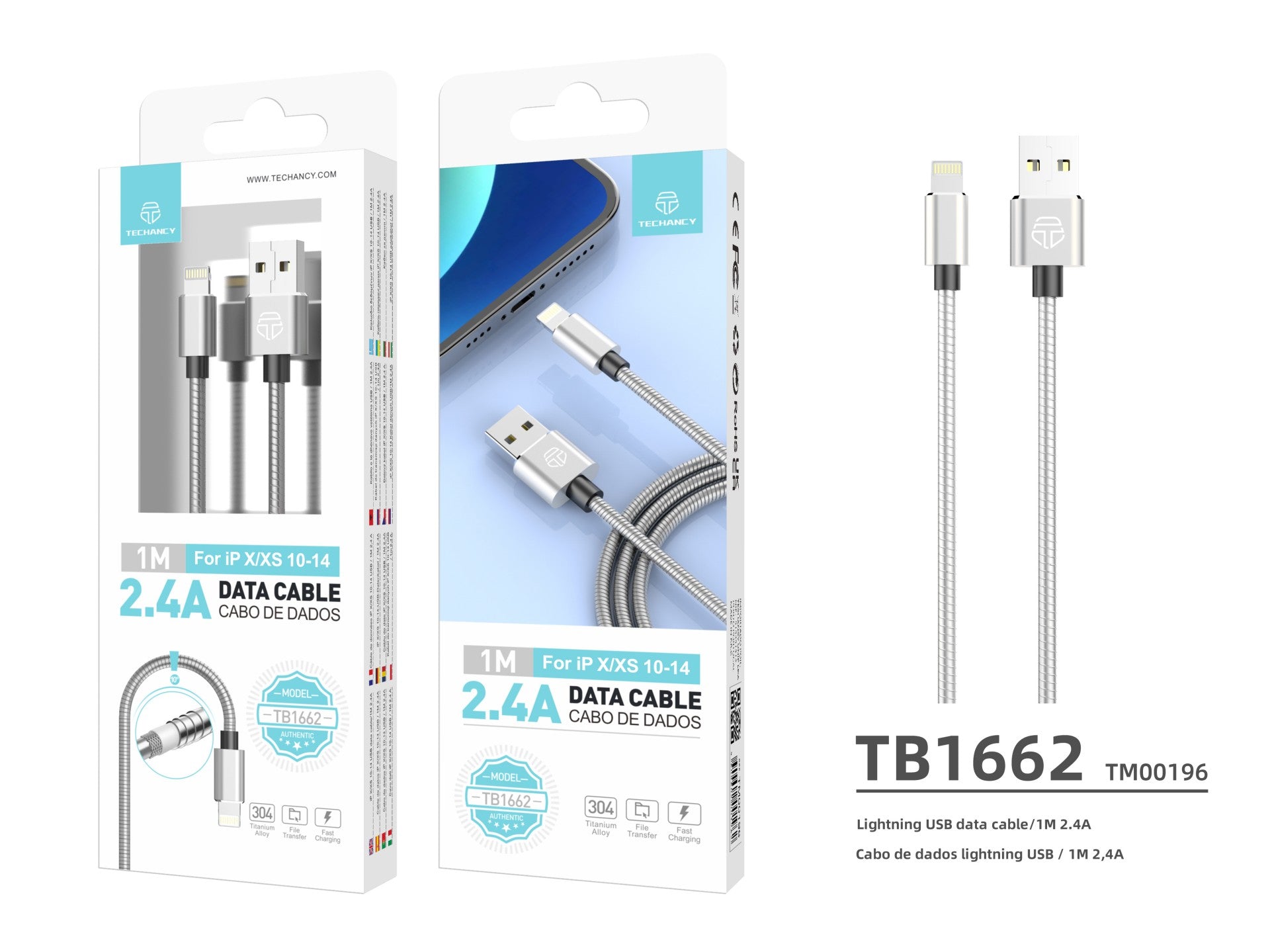 Cable de datos de aleación de aluminio Techancy de 1 m TB1662, diseño totalmente metálico, USB-Ip8/X/11-14, carga de 2,4 A.