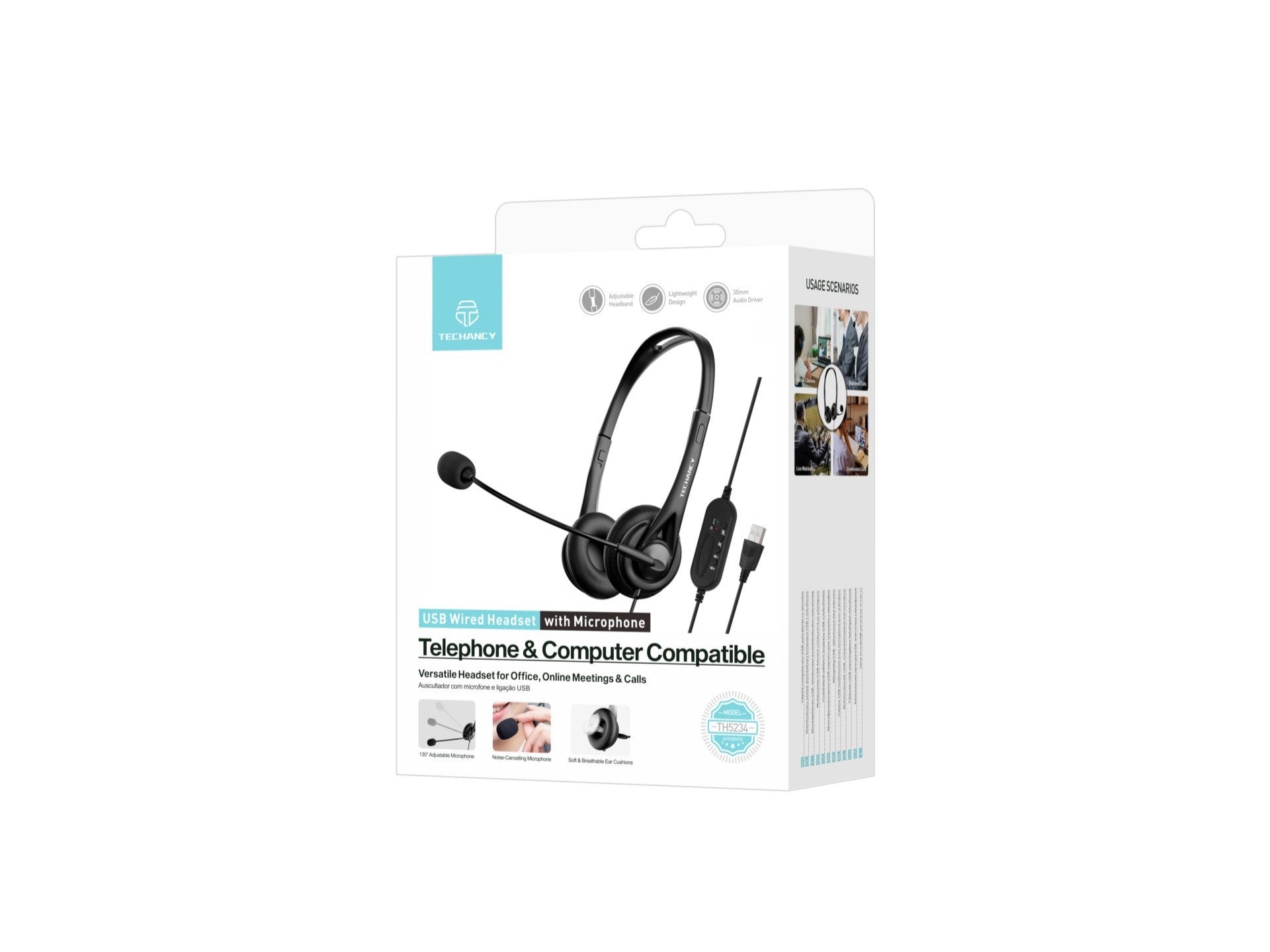 Techancy TH5234 Wired USB Headset with Noise-Cancelling Microphone for Call Center, Office, Online Meetings, Compatible with PC and Laptop