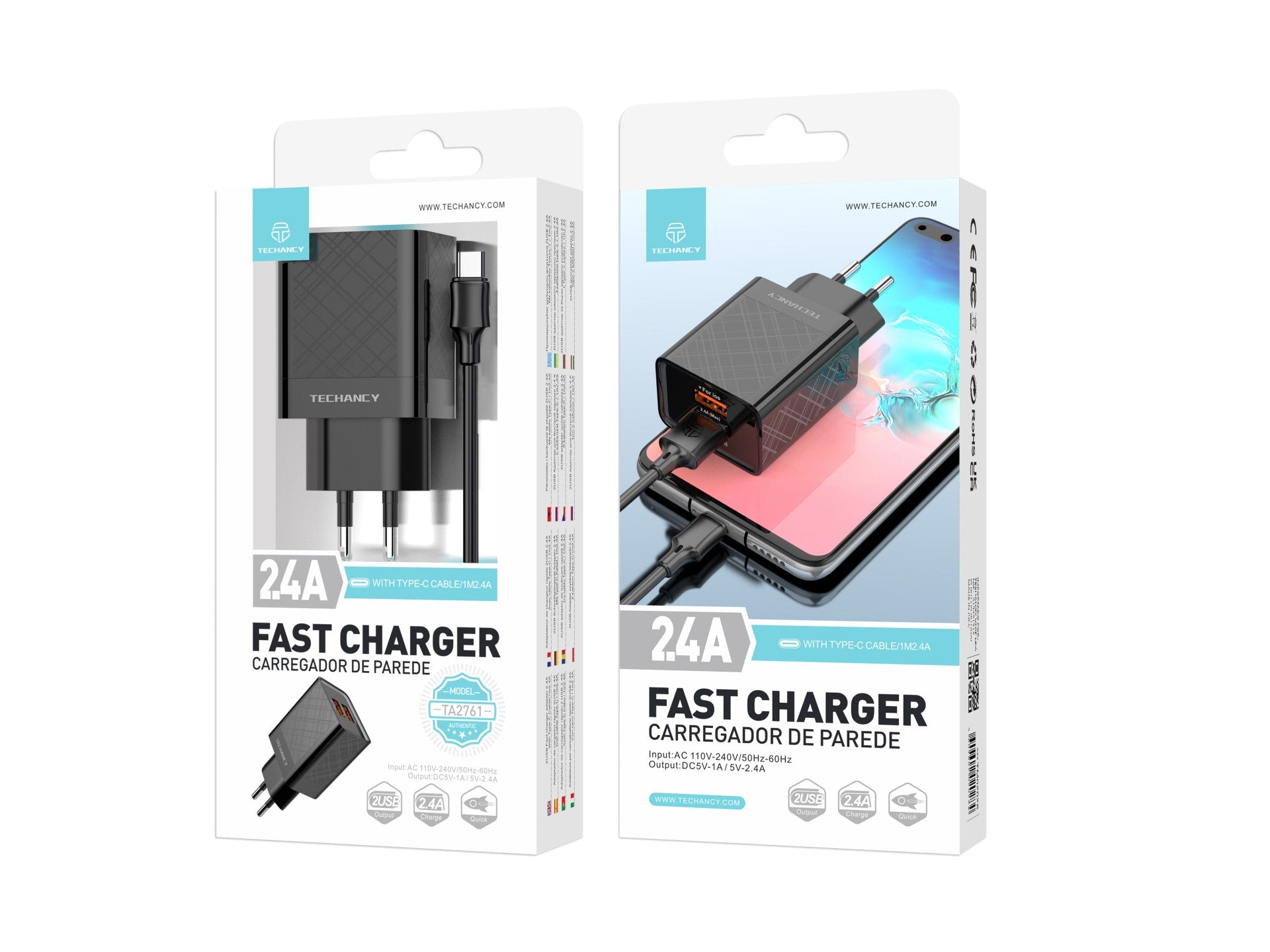 Cargador USB Techancy 2,4 A Negro TA2761, Kit de cable USB TIPO C, 1 m 2,4 A, Chip inteligente incorporado.
