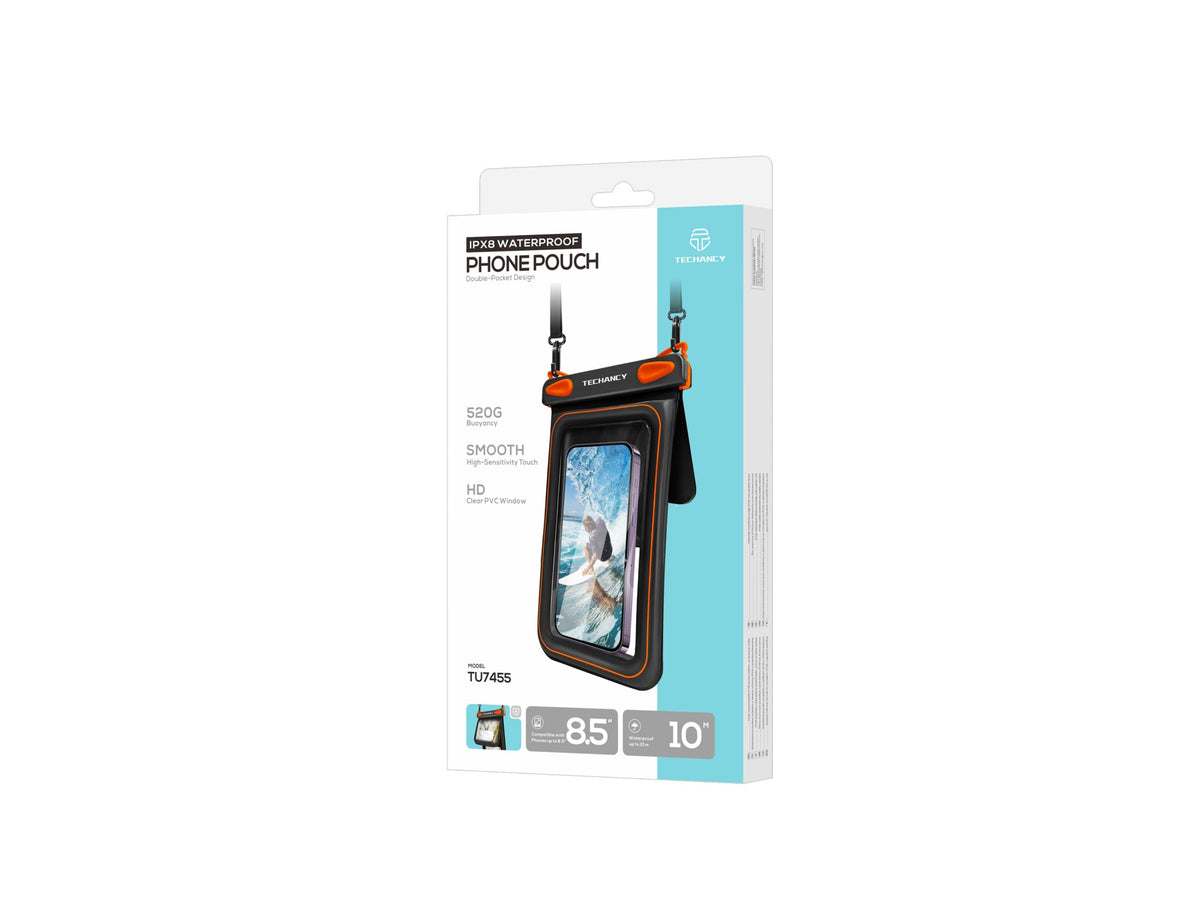 Bolsa Impermeavel para Telemovel Techancy TU7455, Bolso Duplo, 8.5 Polegadas, IPX8, Ate 10m, Ecra Tatil, Preto e Laranja