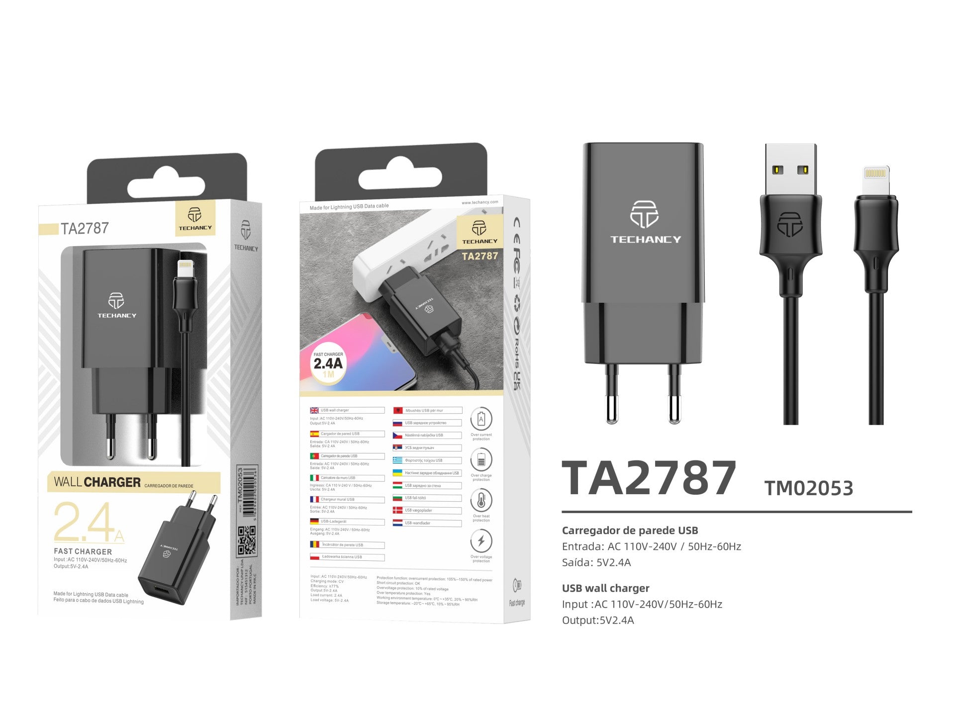 Techancy Black Mobile Phone Charger TA2787, USB Output 5V-2.4A Charging, USB Cable Charger Set - IP 1m