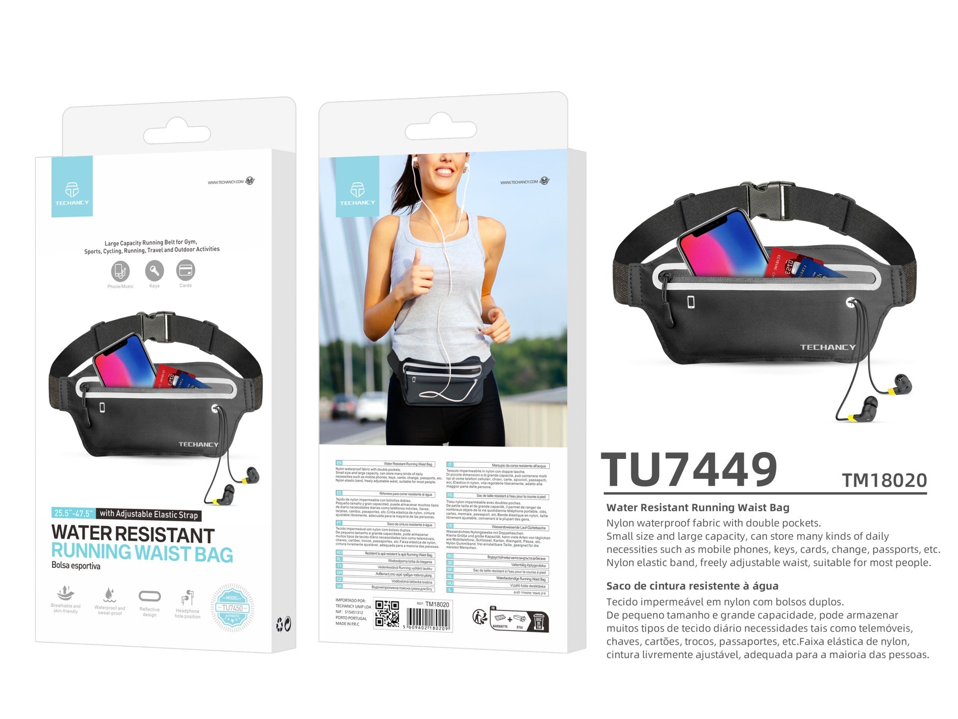 Riñonera deportiva Techancy TU7450, cintura elástica ajustable, funda para teléfono de gran capacidad, color negro