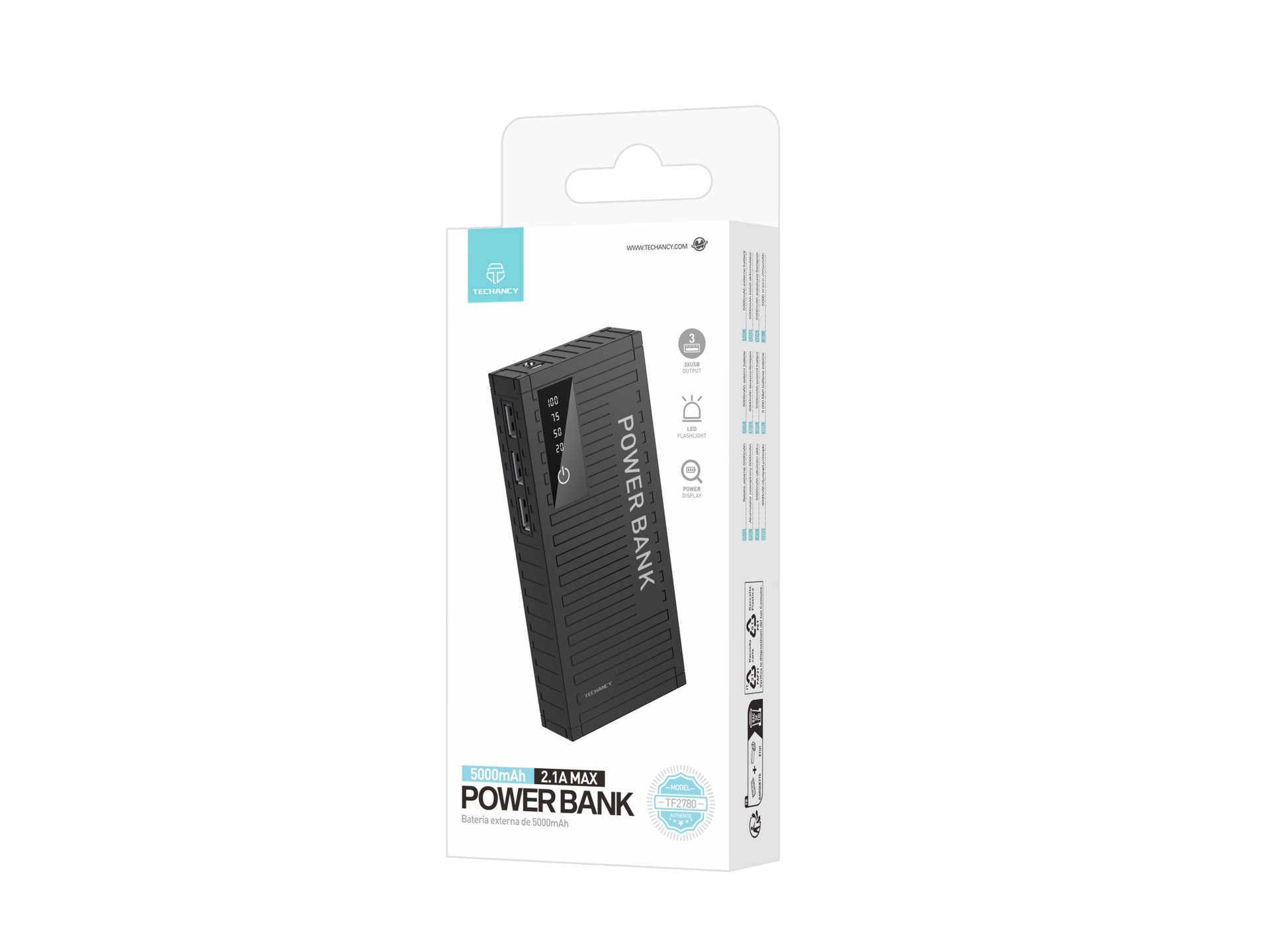 Techancy 5000mah Power Bank Preto TF2780，Carregamento Rápido De 2A,3 Saídas Usb Para Telemóvel/Tablet.