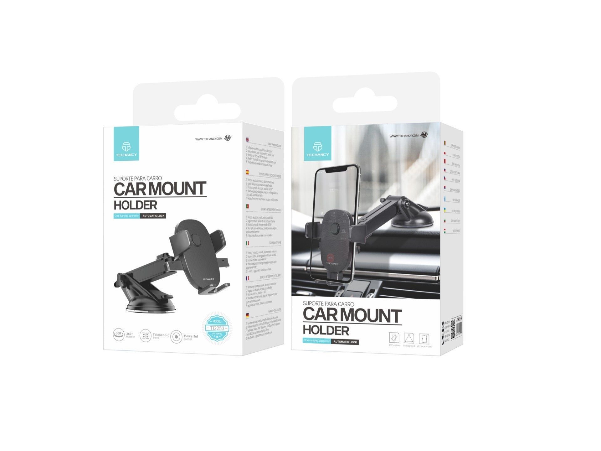 Techancy Suporte Para Telemóvel Para Automóvel Ti2253, Ventosa De Fixação Firme, Rotação De 360°, Desbloqueio Com Uma Chave.