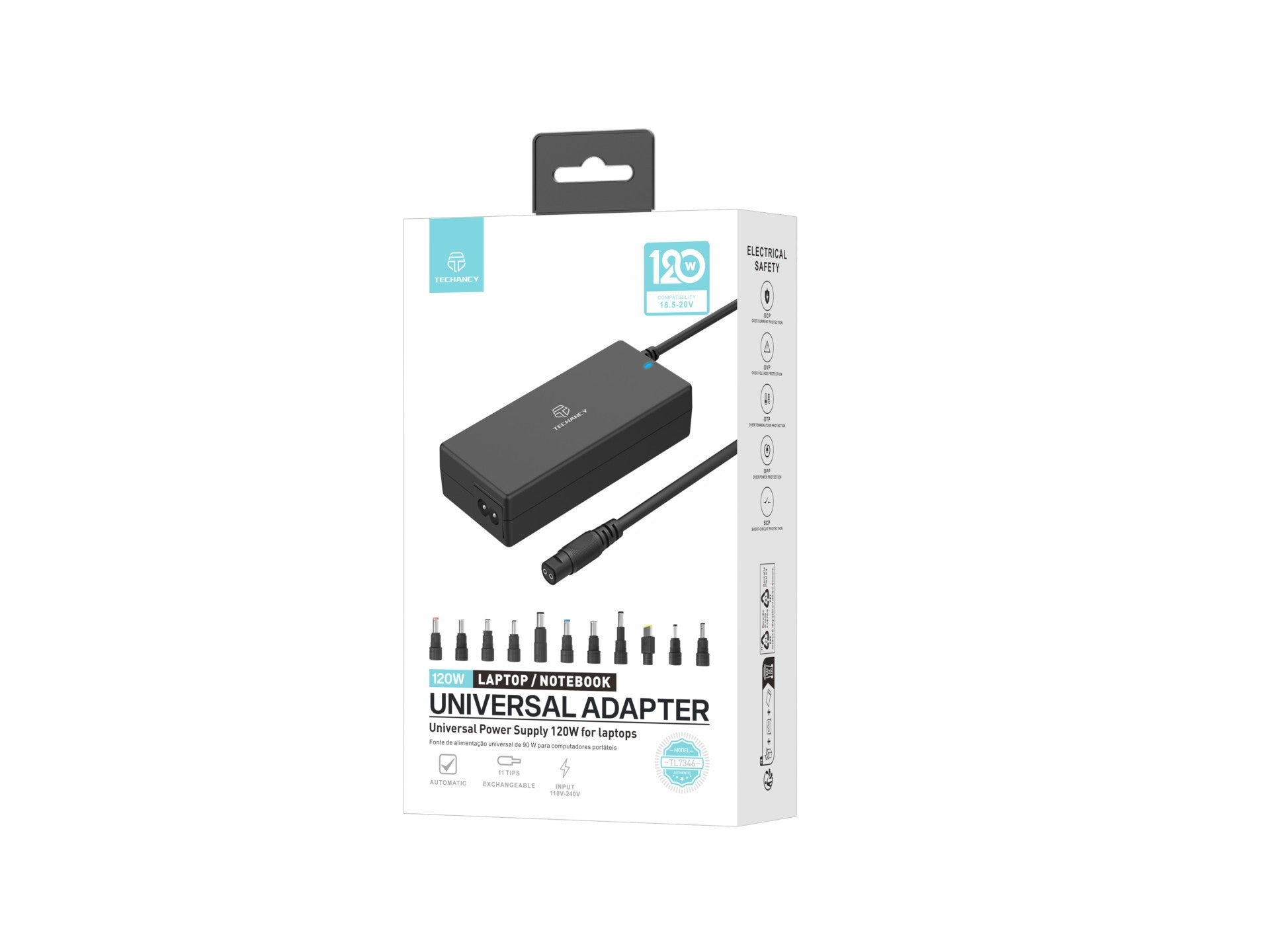 Techancy  Adaptador de energia universal TL7344 para laptops, com potência de 120W, 11 conectores e proteções contra sobrecorrente e sobretensão