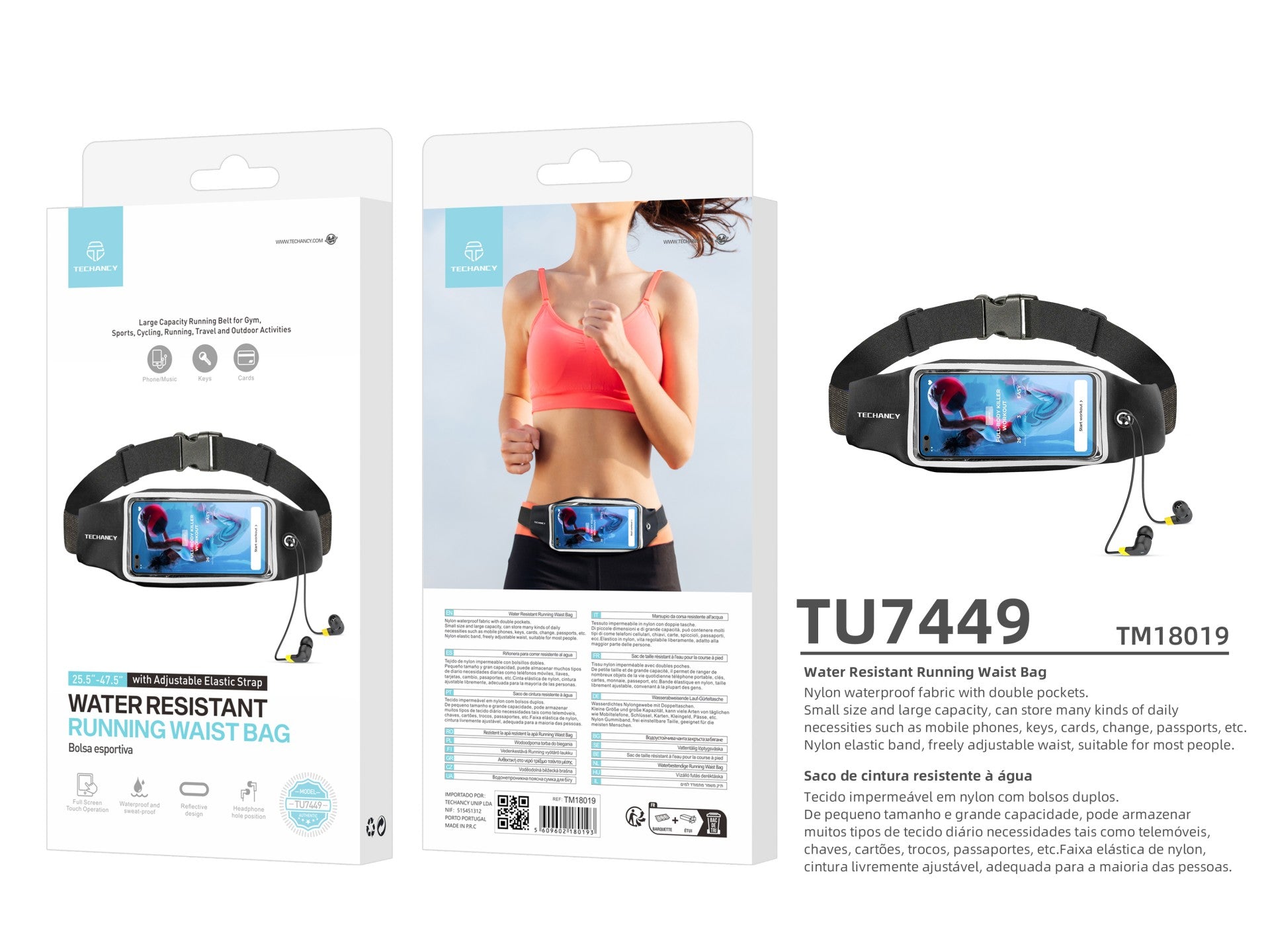 Techancy Sports Waist Pack, TU7449, Adjustable Elastic Waistband. Large Capacity for Cell Phone, Keys, Etc., Black