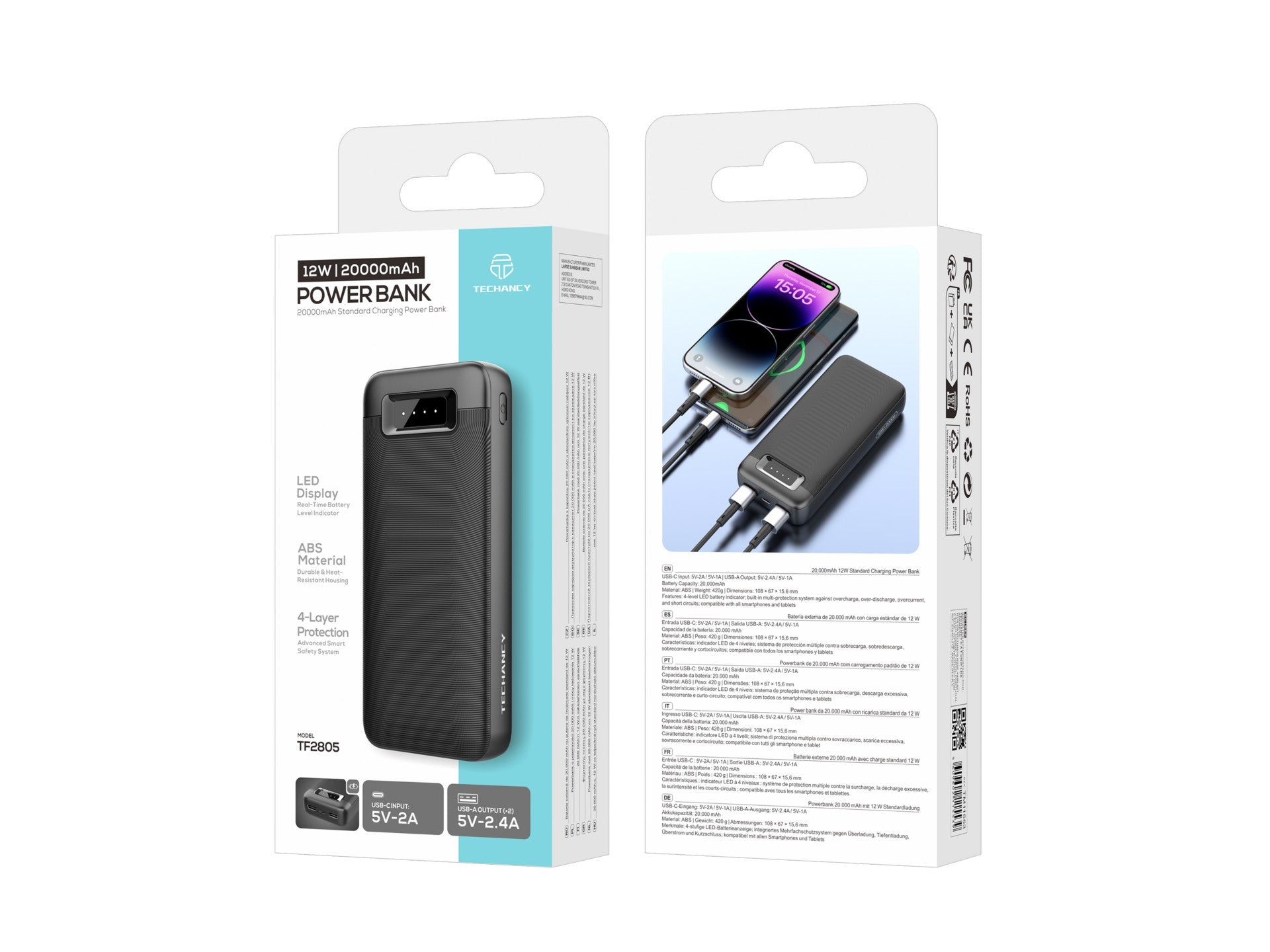 Techancy Power Bank 20000mAh TF2805 12W com USB-C e 2 USB, Indicador LED, Compativel com Telemoveis e Tablets, Preto