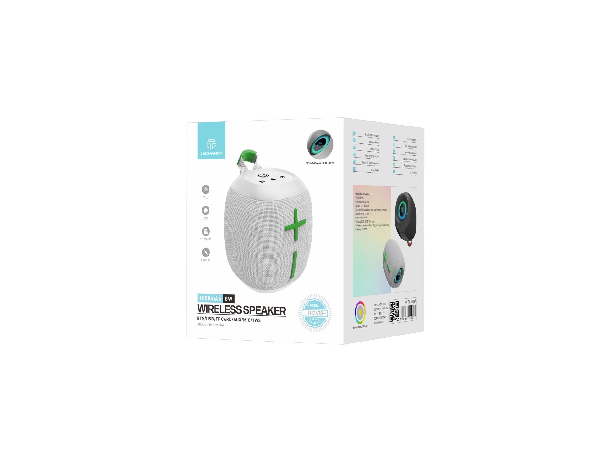 Techancy Altifalante Sem Fios Bluetooth Versão 5.3 TH2638, Suporte TWS/TF/AUX, Luz Ambiente Led Rgb De 7 Cores