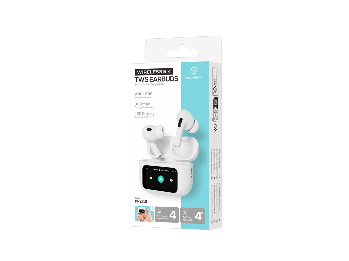 Auriculares Bluetooth TWS Techancy KP2716, Bluetooth 5.4, HiFi, ANC e ENC, Ecra Tatil, Caixa 300mAh, Autonomia 4h, Branco
