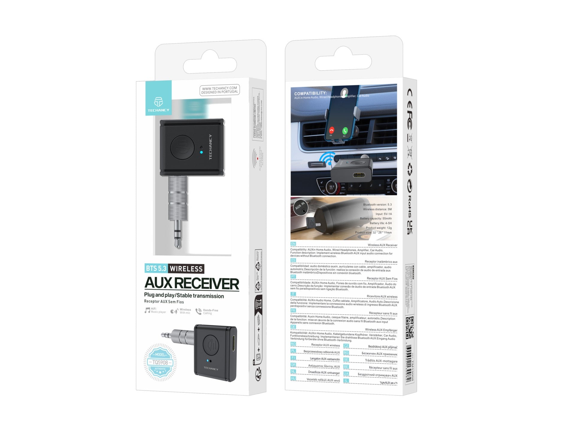 Techancy Receptor AUX Sem Fios TQ5908 Bluetooth 5.3, Audio Carro, Som Casa, Auriculares, Compacto e Portatil